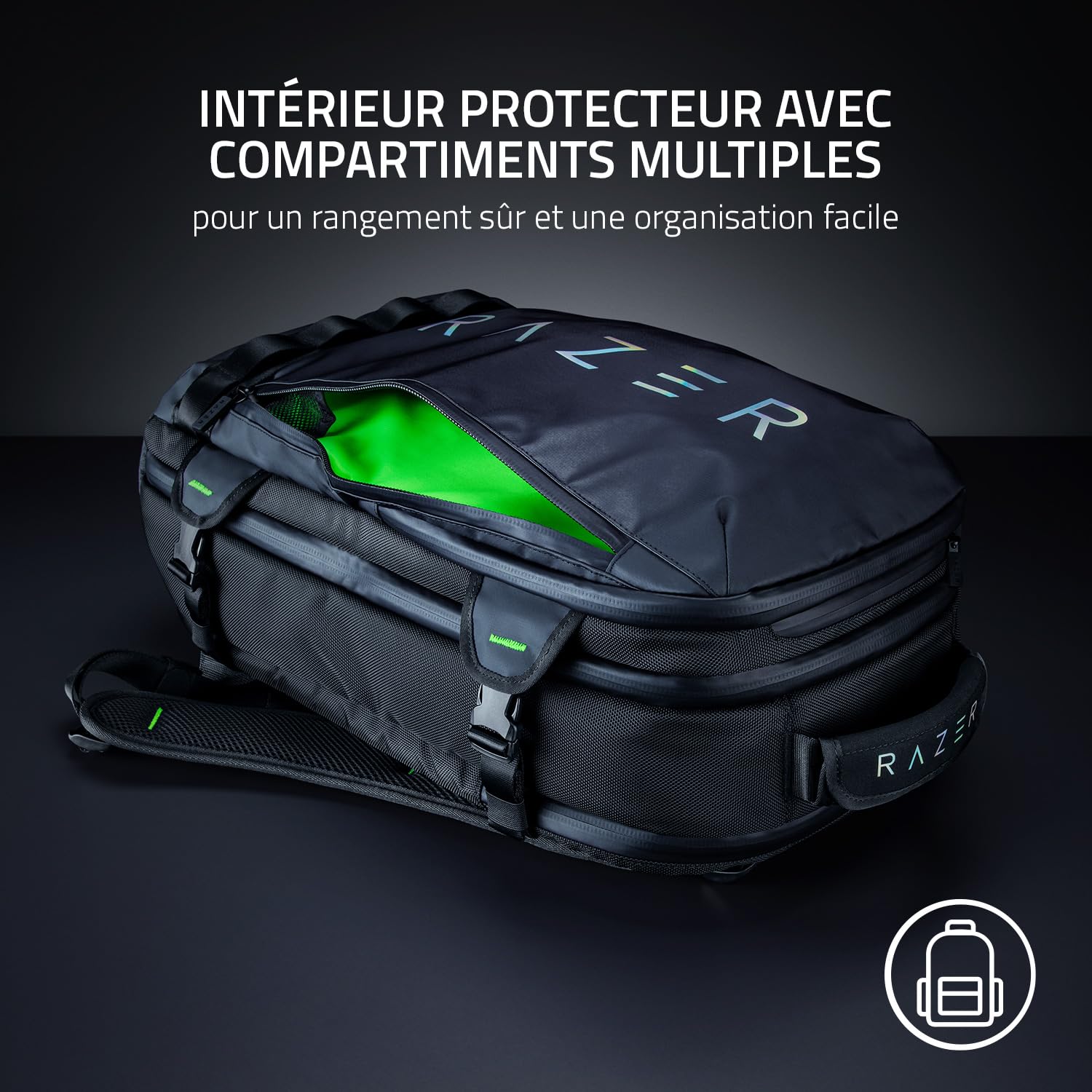 Razer Rogue V3 Backpack (17.3") - Sac à Dos de Voyage Compact (Compartiment pour Ordinateur Portable jusqu'à 15 Pouces, résistant à l'usure, Housse extérieure en Polyester) Noir/Chroma
