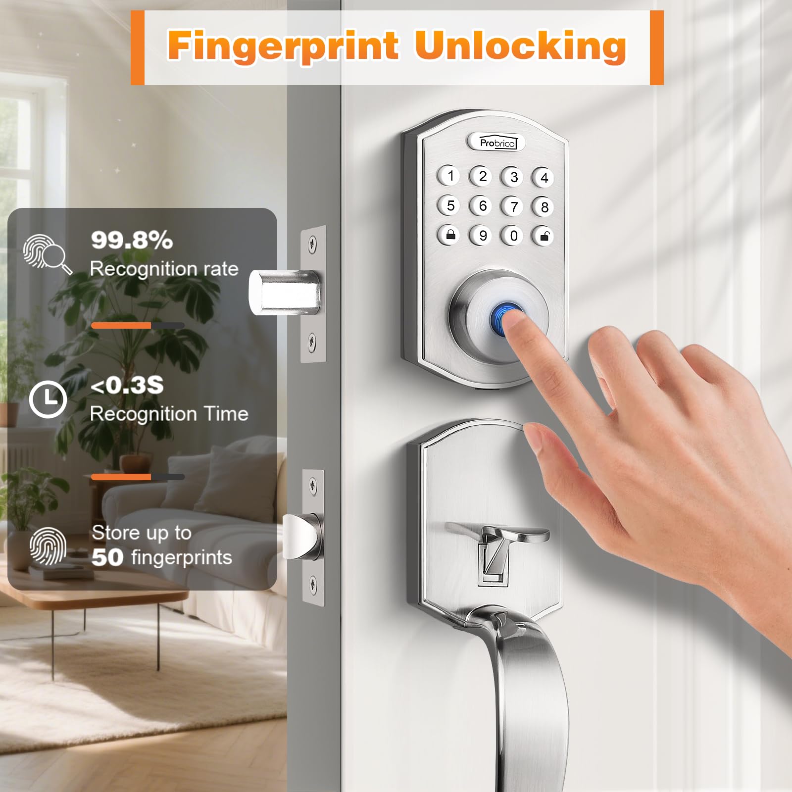 Probrico Serratura intelligente senza chiave per serratura della porta d'ingresso, maniglia per porta anteriore con catenaccio di impronte digitali, serratura elettronica con tastiera digitale con