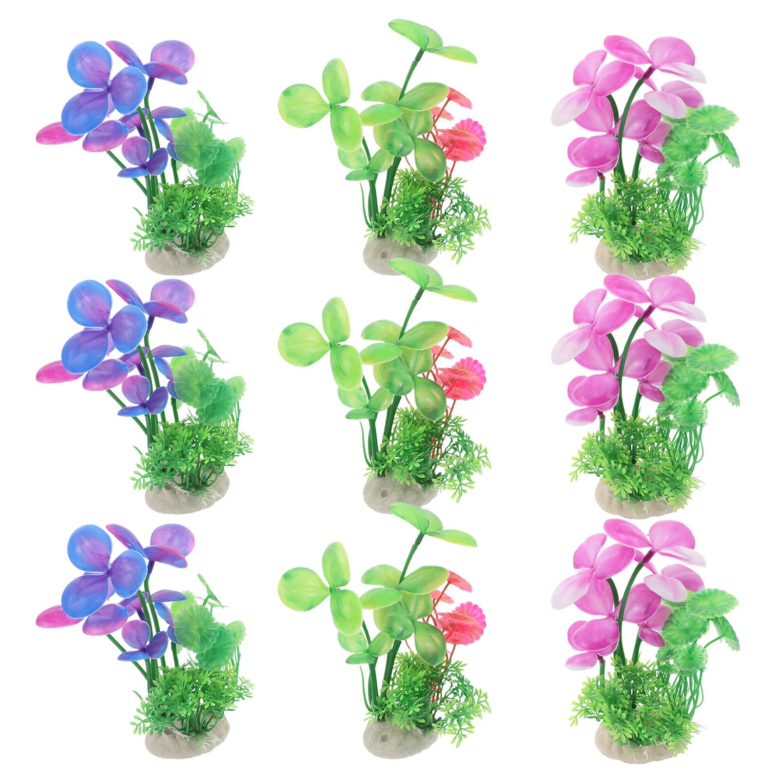 SUPVOX 9pcs Artificial Aquarium Plants Set Realistic Plastic Fish Tank Grass Decorations Green Purple and Pink Leaves Simulation