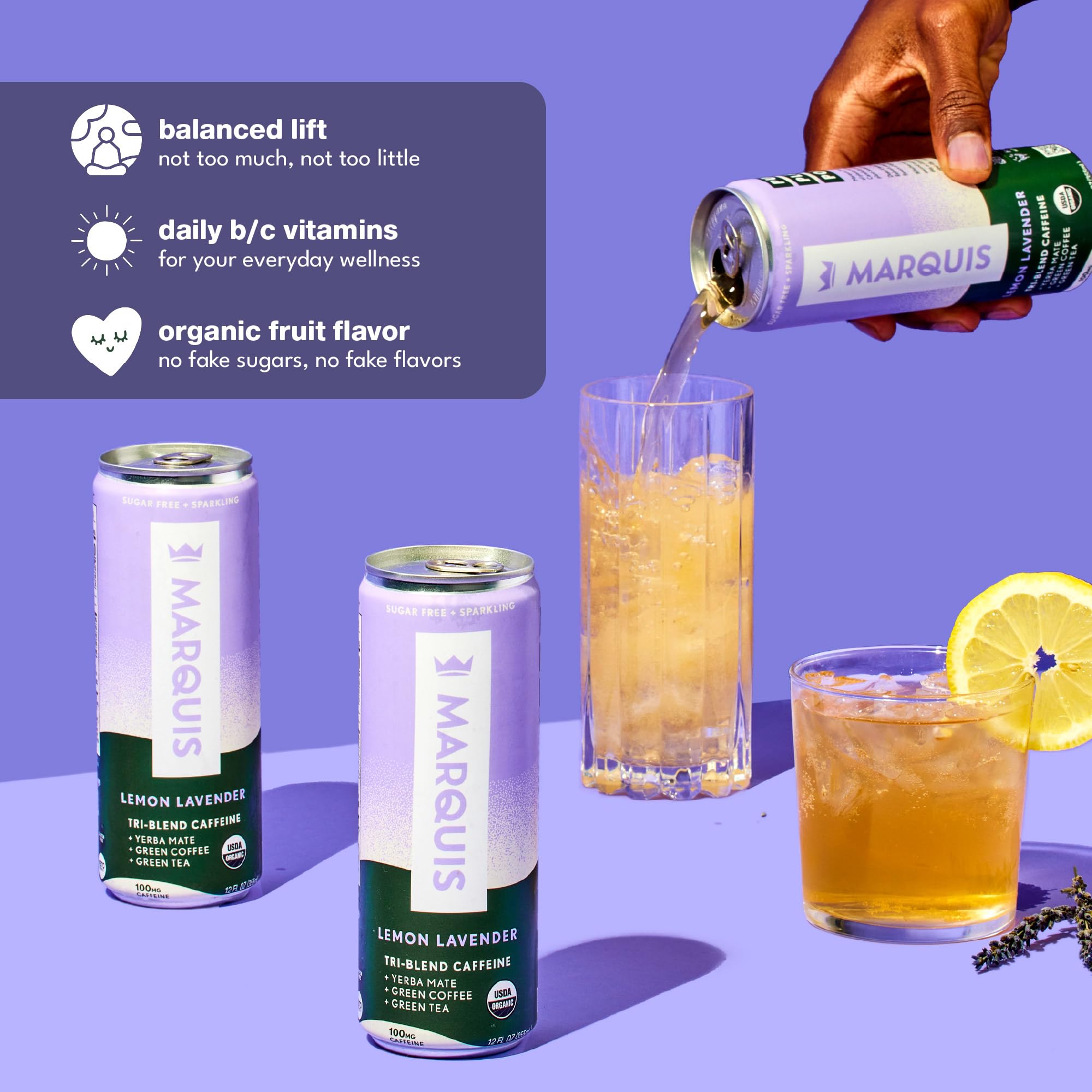 Marquis Natural Energy Drinks Sugar Free Zero Calories 100mg Organic Plant Based Caffeine Yerba Mate Green Tea & Green Coffee - Vitamin C & B - Lemon Lavender Healthy Energy Drink - 12oz Cans, 12 Pack