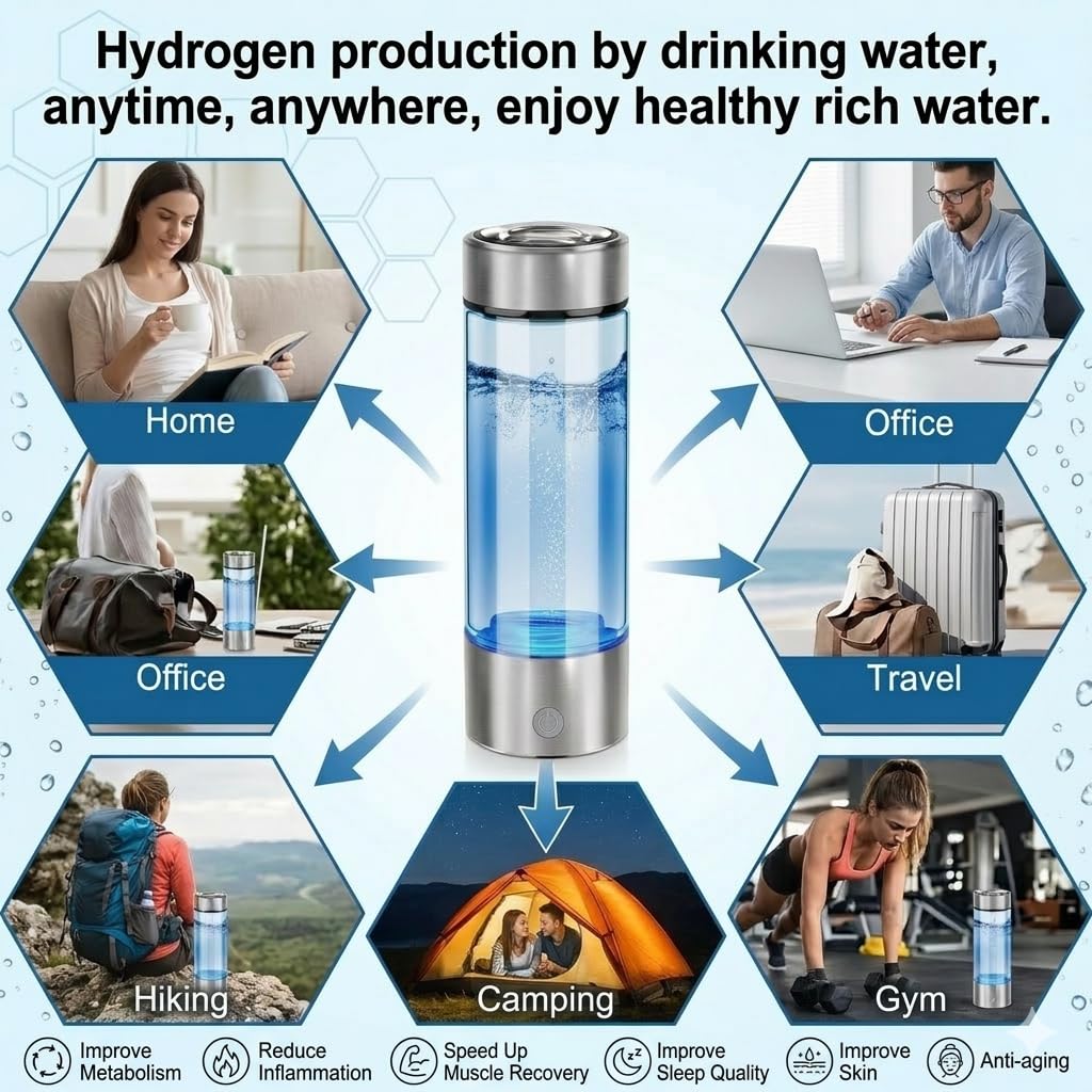 Portable Hydrogen Water Bottle Generator, 450ml Borosilicate Glass Ionizer Machine, Up to 5000 PPB in 3 Mins, 2-in-1 Design with 30mm Mineral Water Adapter for Travel, Gym, and Home