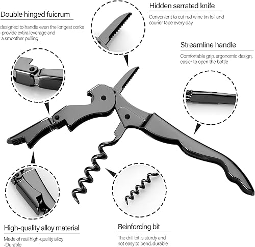 Miniatura 7 de Sacacorchos para camareros profesionales abrebotellas de vino, llave de vino de acero inoxidable, sacacorchos clásico todo en uno, abrebotellas y