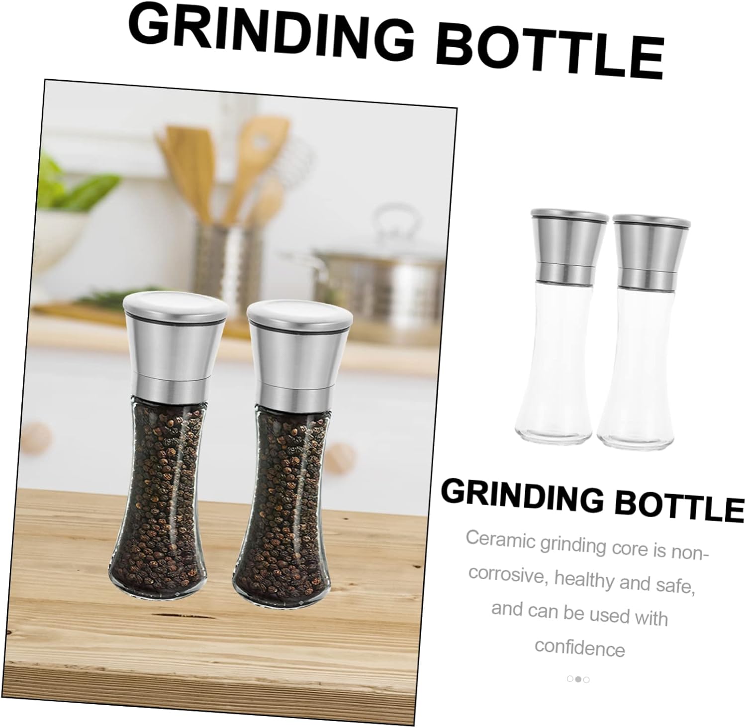 2pcs Manual Pepper Set Refillable Sea Adjustable Coarseness for Home Kitchen Use and Grinding Tool