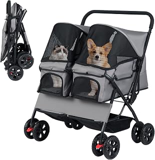 COSTWAY Dog Stroller Double, Foldable Pet Cart for 2 Dogs and Cats, Adjustable Sun Canopy, Basket and Padding, Dog Box, Transport Bag, Twin Buggy Gray