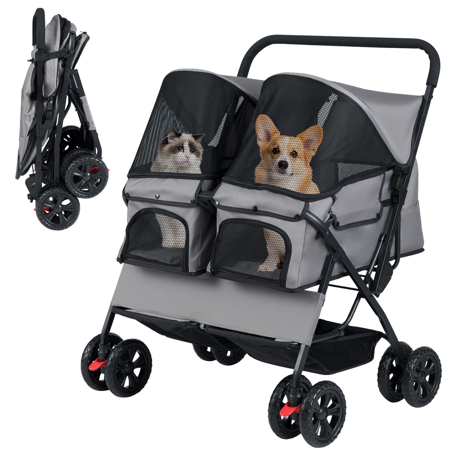COSTWAY Passeggino Doppio per Cani, Carrozzina Pieghevole a 2 Posti con Tettuccio Regolabile, Cuscino Rimovibile, Cintura di Sicurezza, Cestino e 4 Ruote, Passeggino per 2 Cuccioli e Gatti (Grigio)