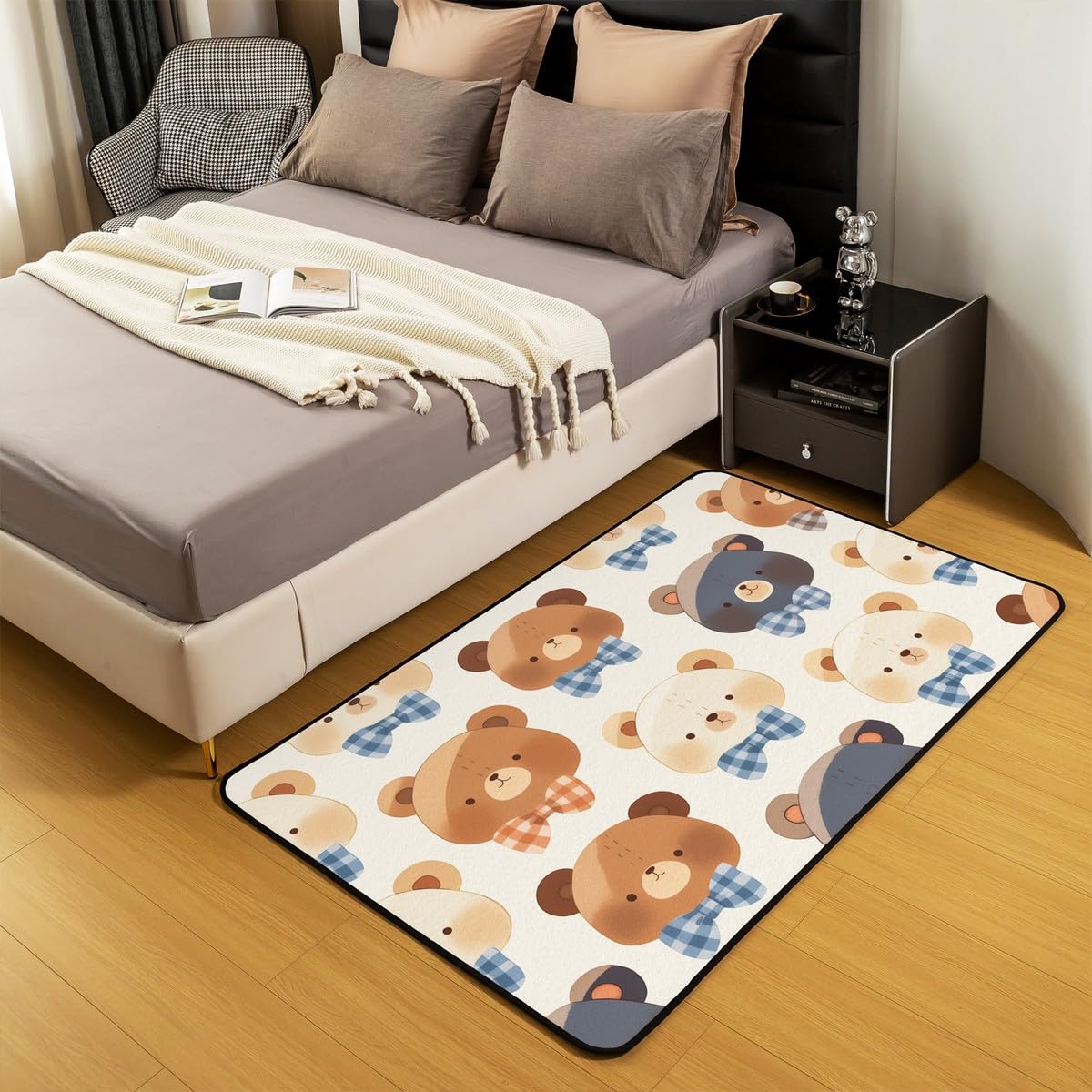 Homewish Dywan z motywem niedźwiedzia, 100 x 150 cm, do sypialni, salonu, pokoju zabaw, kawaii, kokarda, niebieska krata, kokarda, wewnętrzna mata podłogowa, antypoślizgowa, urocze zwierzę dekoracyjny
