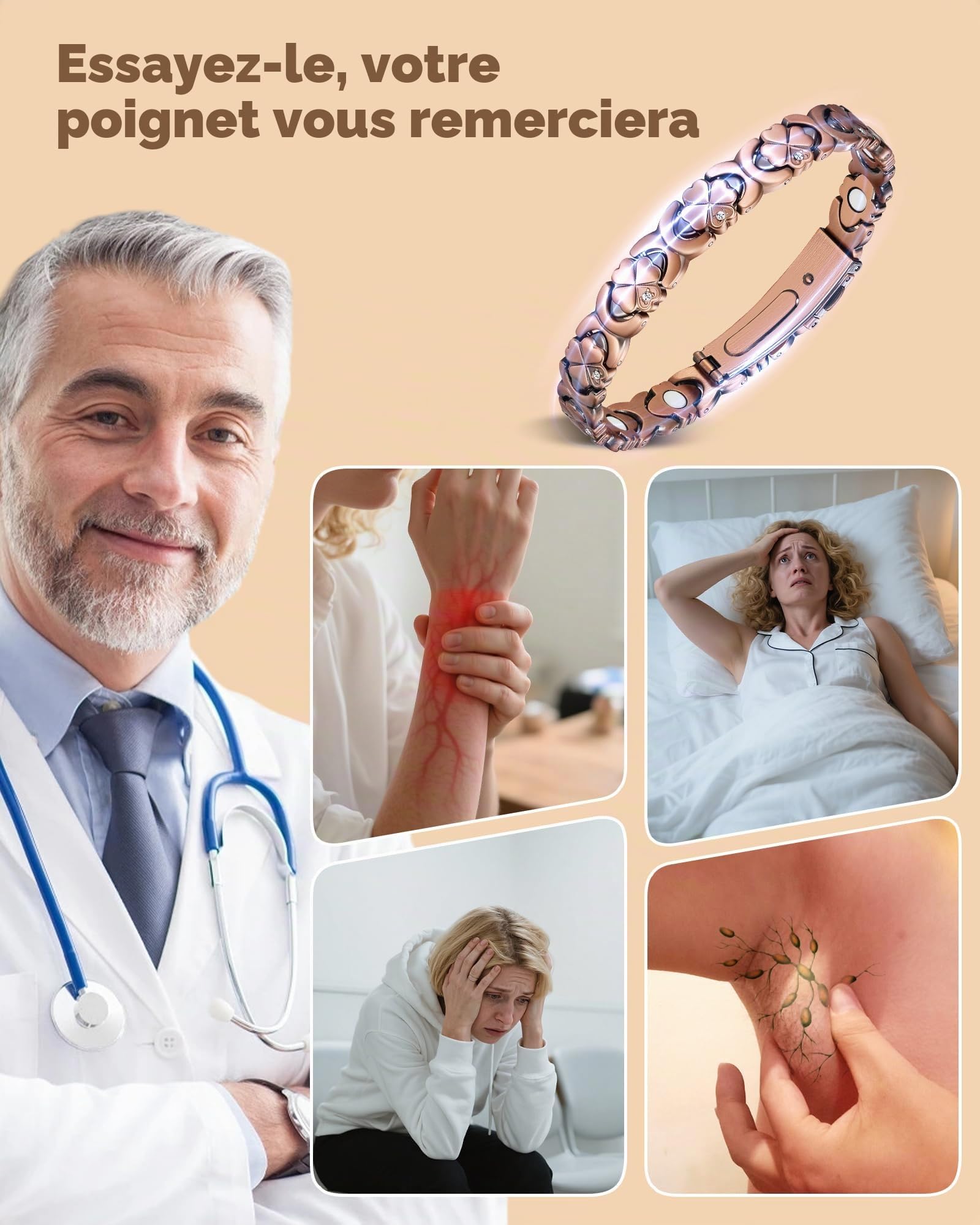 Jeracol Bracelet en cuivre pur pour femme, bracelet magnétique ultra résistant avec aimants en néodyme et oxyde de zirconium étincelant, réglable, bijou trèfle porte-bonheur