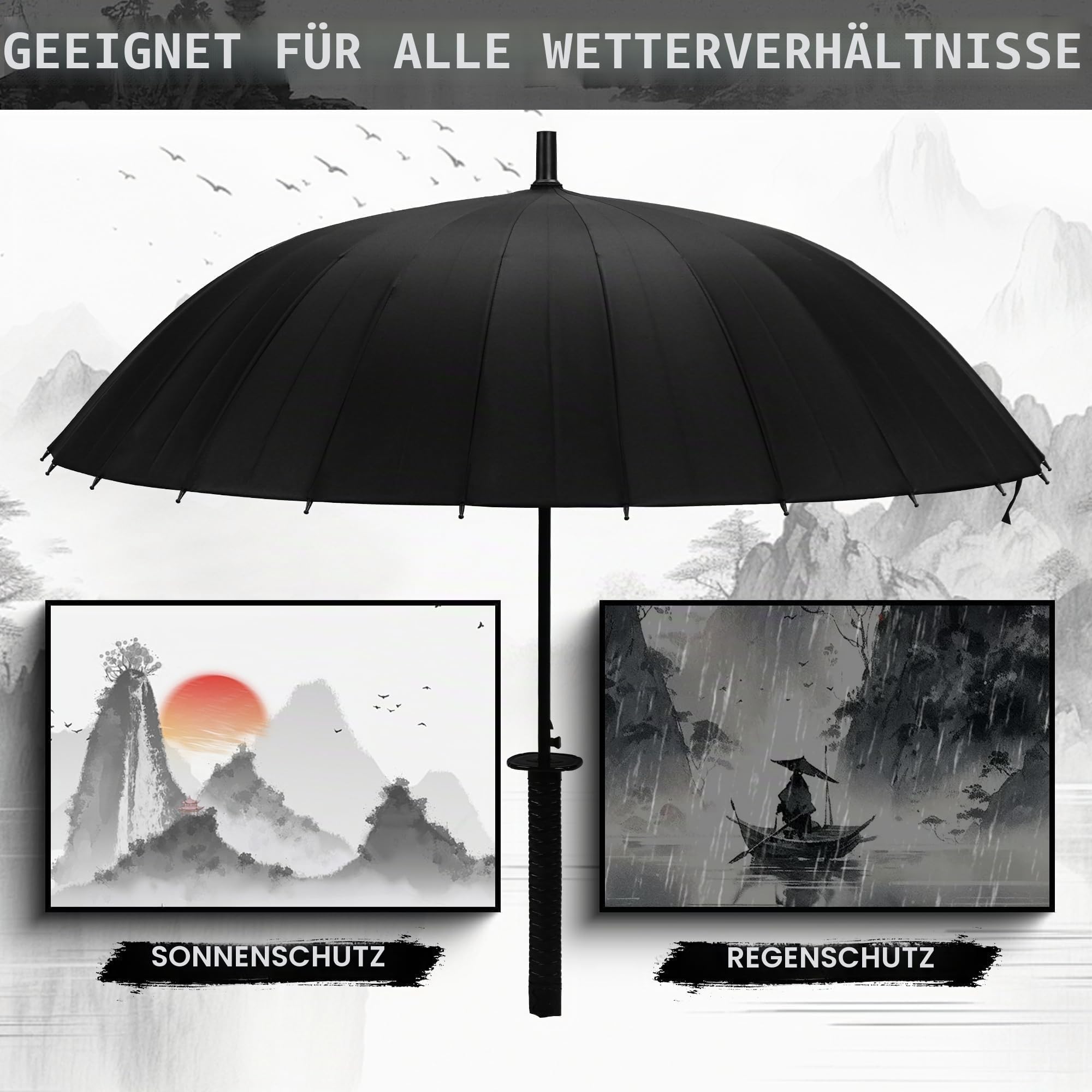 Moontay Langer Griff Regenschirm Samurai Schwert-Design Outdoor Reise Sonne & Regen Winddicht Wasserdicht Sturmfest Anime schwarz gerade 16 oder 24 Rippen Metall unisex leicht