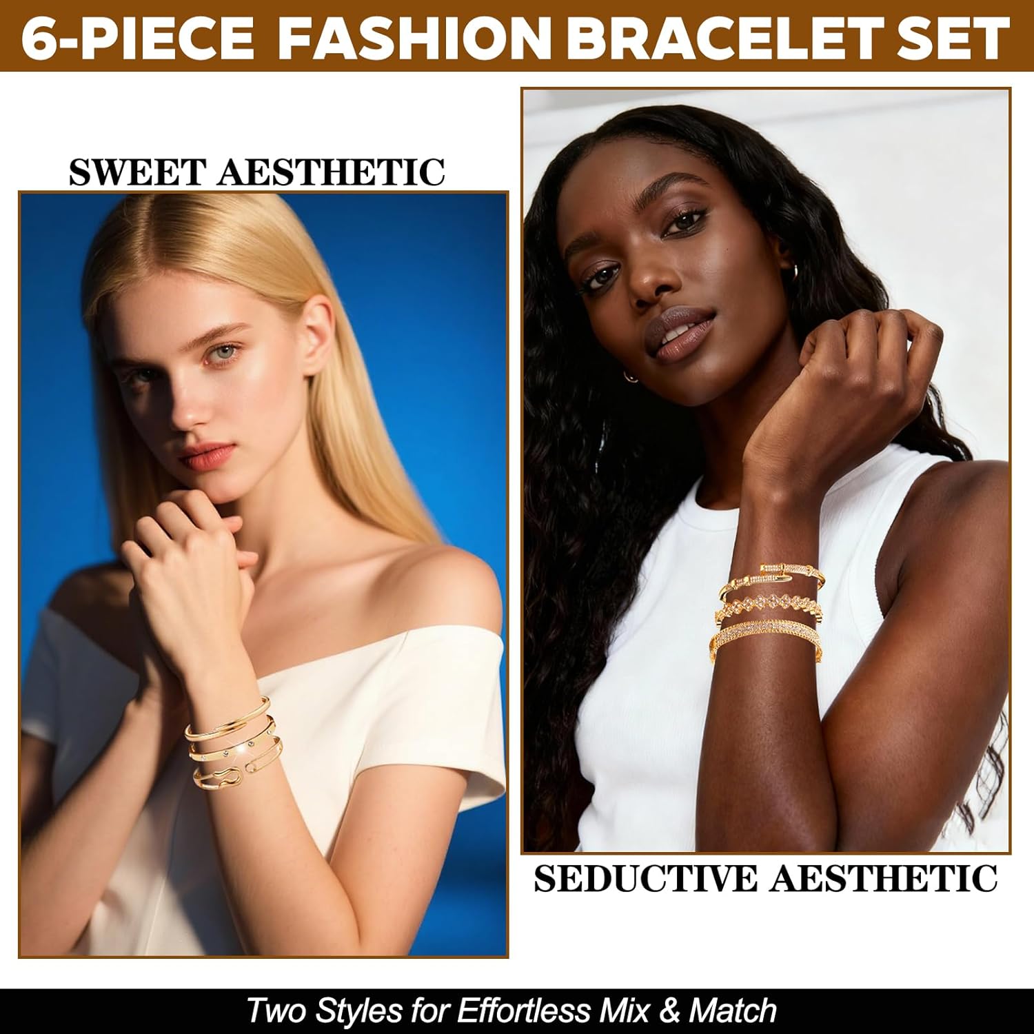 6-Piece 18K Gold Plated Bangle Bracelet Set for Women - Clover, Rivet & Safety Pin Designs, Stackable Trendy Jewelry, Zinc Alloy with Rhinestones, Tarnish & Oxidation Resistant, Gift for Her, Girlfriend, Wife, Mom, Sister, Lover on Birthday, Christmas, Valentine's Day, Mother's Day - Image 2