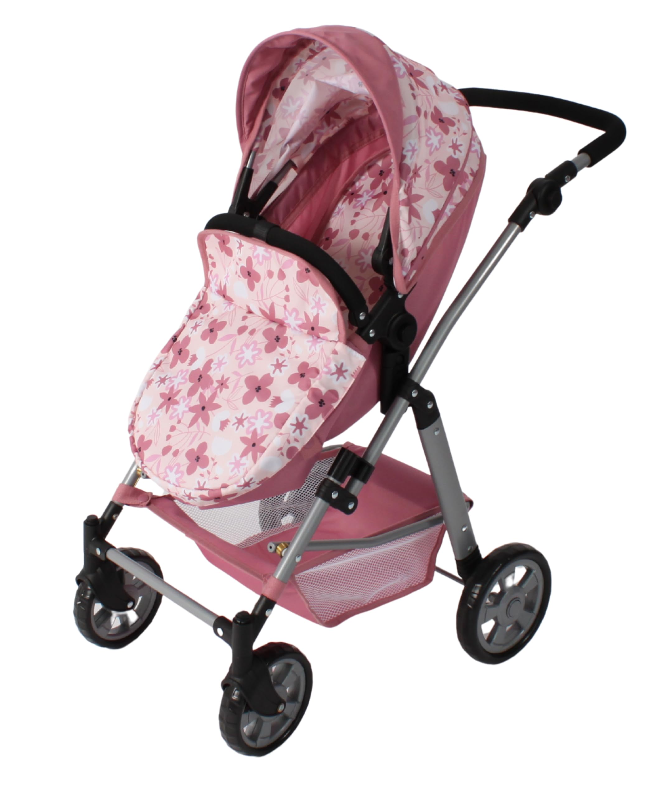 Bayer Chic 2000 Puppenwagen Nele | 2in1 Kombi-Buggy Flowers Rosa | Großer 2in1 Kombi-Puppenwagen mit umwandelbarer Wanne für Puppen bis 50 cm. Flowers Rosa, extra hoher Griff 45-84 cm.
