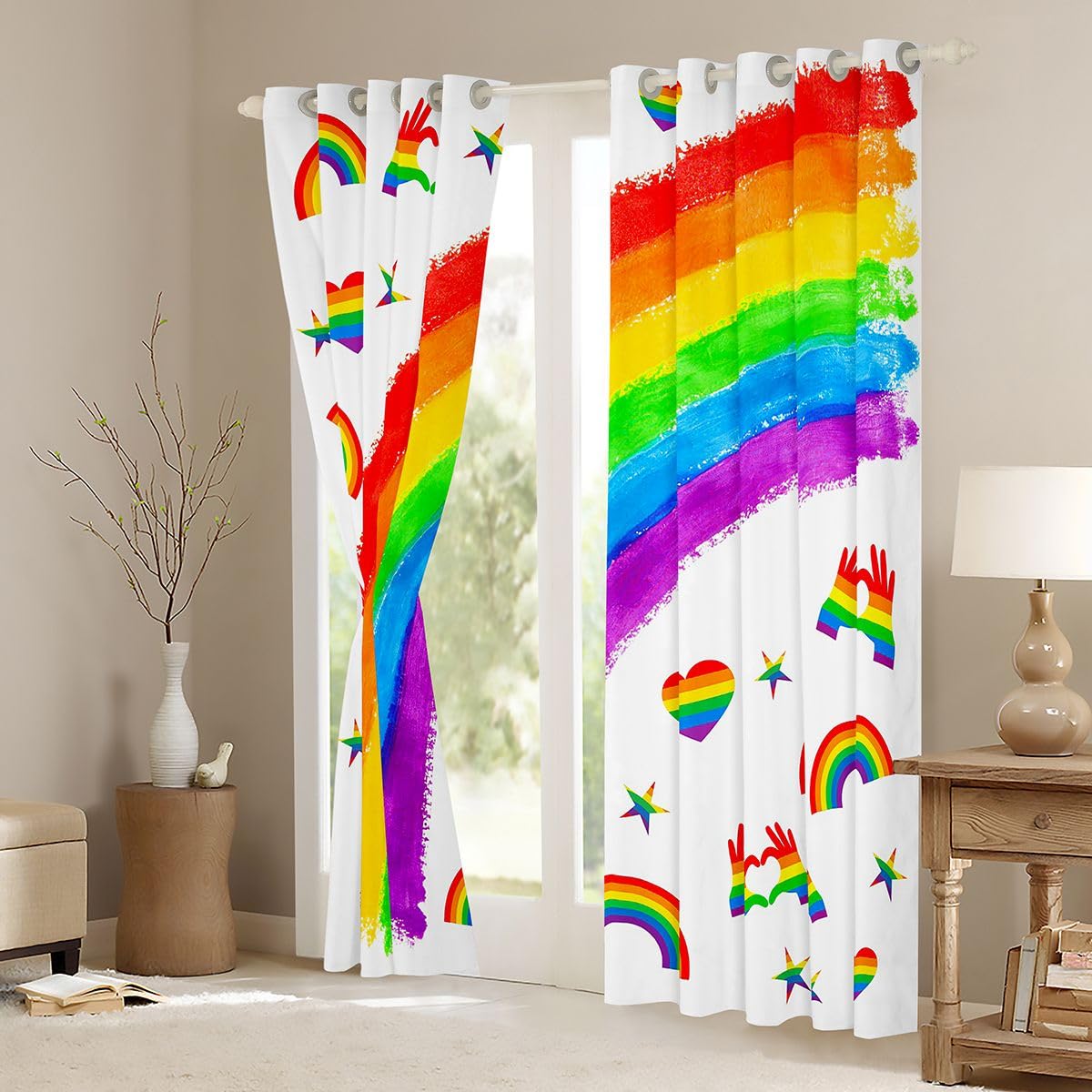 Homewish Tęczowe zasłony okienne, 117 x 183 cm, 2 zestawy paneli – miesiąc dumy lipca, zasłony zaciemniające, tęczowe, LGBT, kolorowe zasłony okienne, romantyczna miłość serce do sypialni