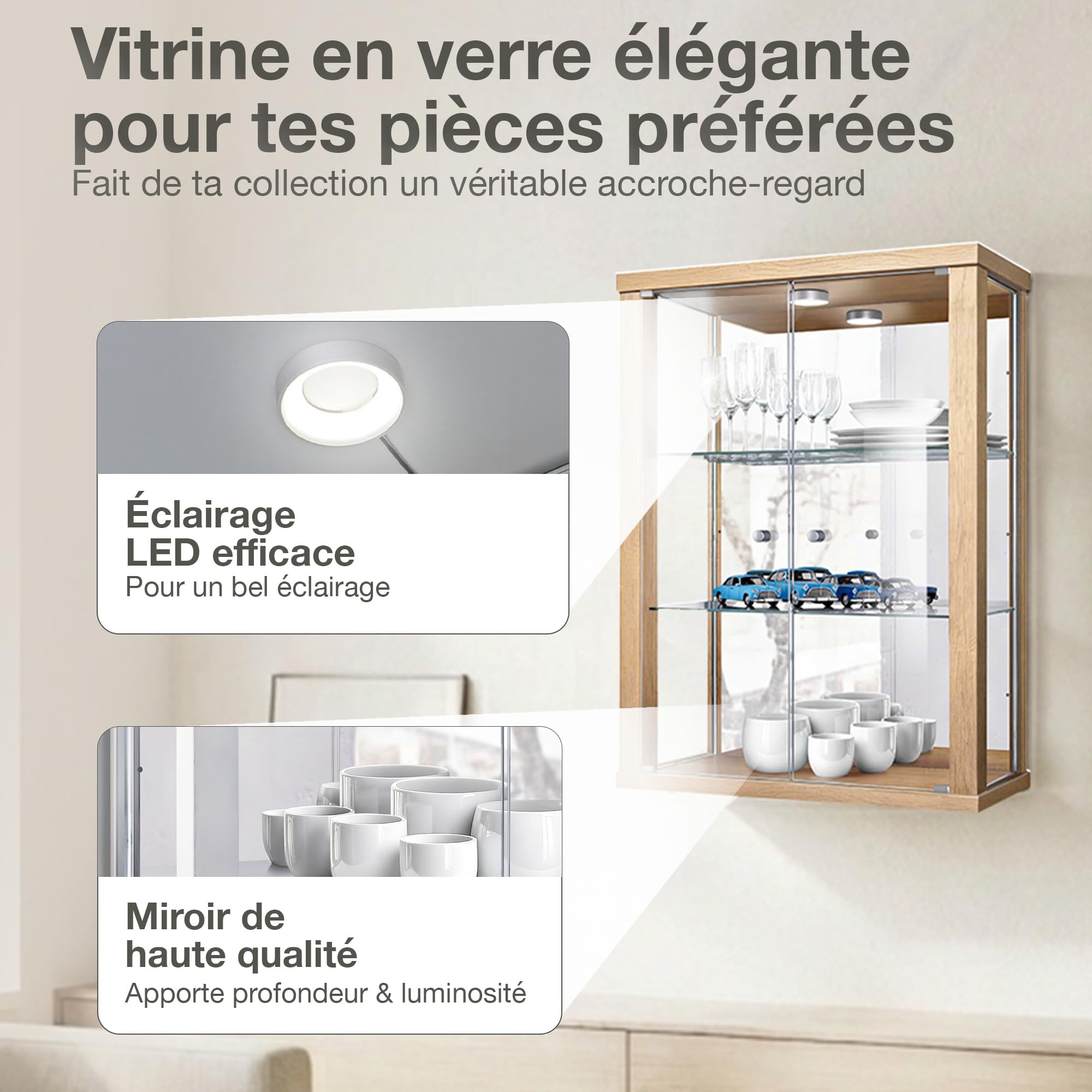 Vitrine Murale pour Collection (80x60x25cm) - Fabriqué en Allemagne - Petite Etagere Vitrine en Verre Suspendue avec 2 étagères réglables en Verre trempé (ESG), Miroir & LED in Hêtre