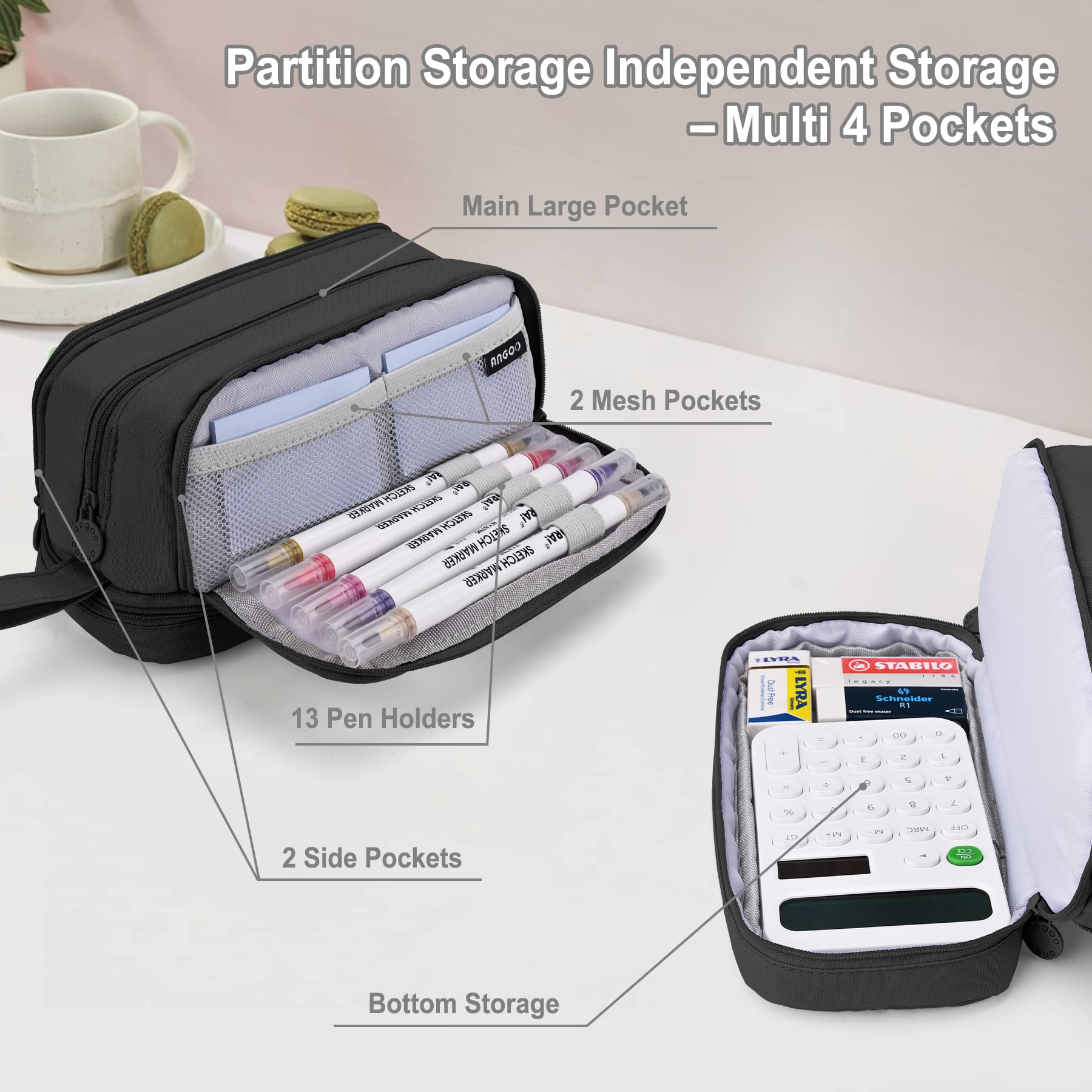 Sciphylia Astuccio Astuccio Grande Capacità Astucci Bambini Ragazzo con 4 Scomparti Astuccio Materiale Scolastico Stazionario Ufficio Trucco Borsa Astucci per Università Studente Donna Uomo, Nero