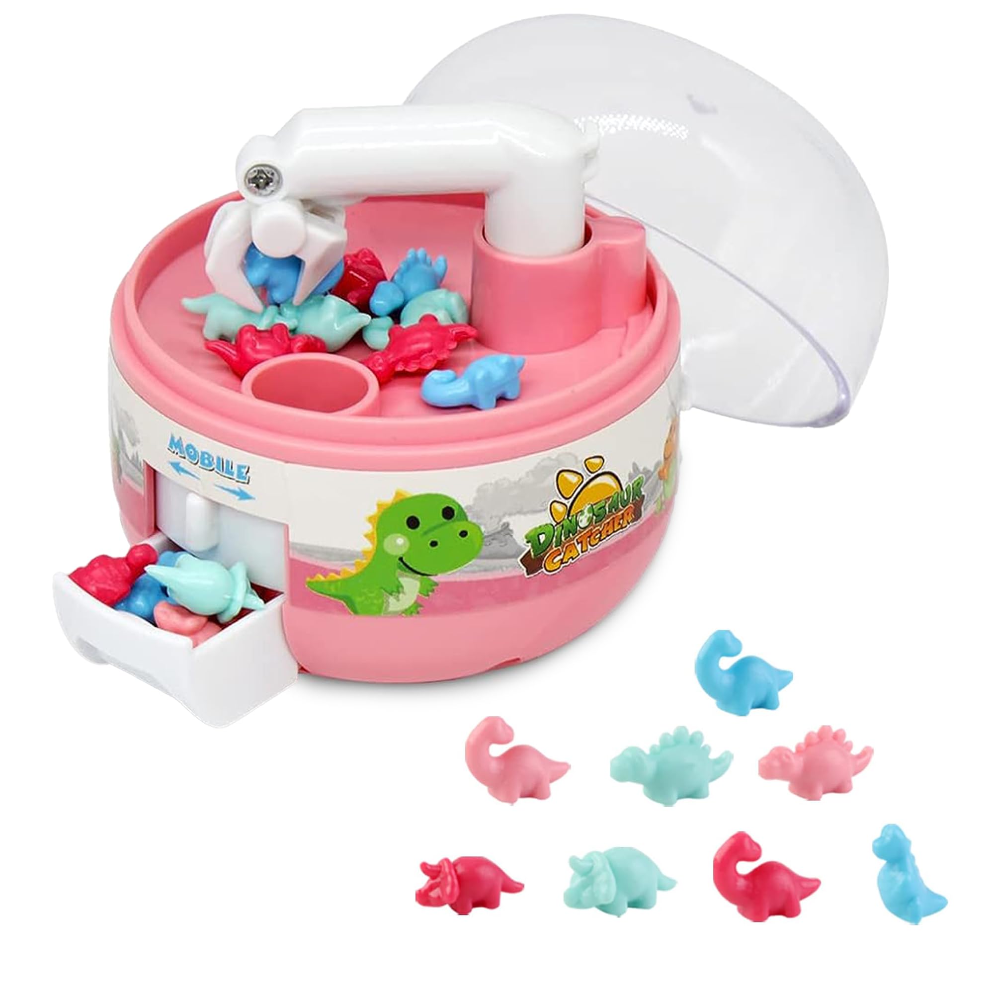 Kidology Mini Claw Machine: Tiny Dinosaur Toy Claw Machine Set with Mini Dinosaur Toys - Small Game, Birthday Gift, and Party Favors for Boys and Girls Ages 1-4+ Years (Pink)