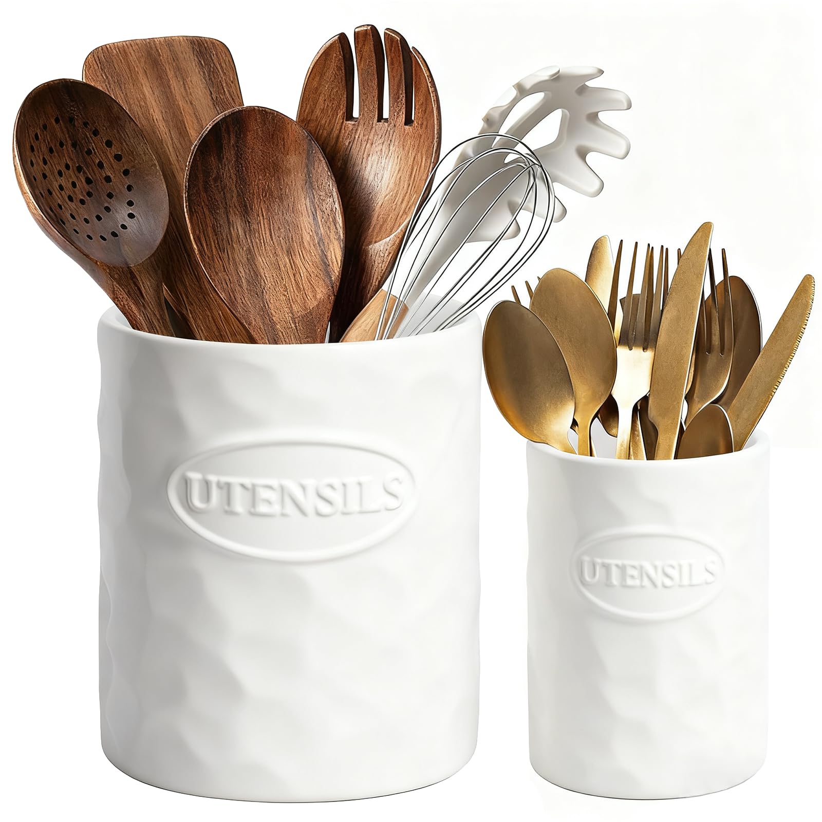Utensilienhalter Set aus 2 Teilen aus Keramik (18.5cm+13.8 cm) für Kochutensilien, Große Moderne Farmhouse Aufbewahrungsvase für Arbeitsplatte, als Hauswarming Geschenk und Küchendekoration in Weiß