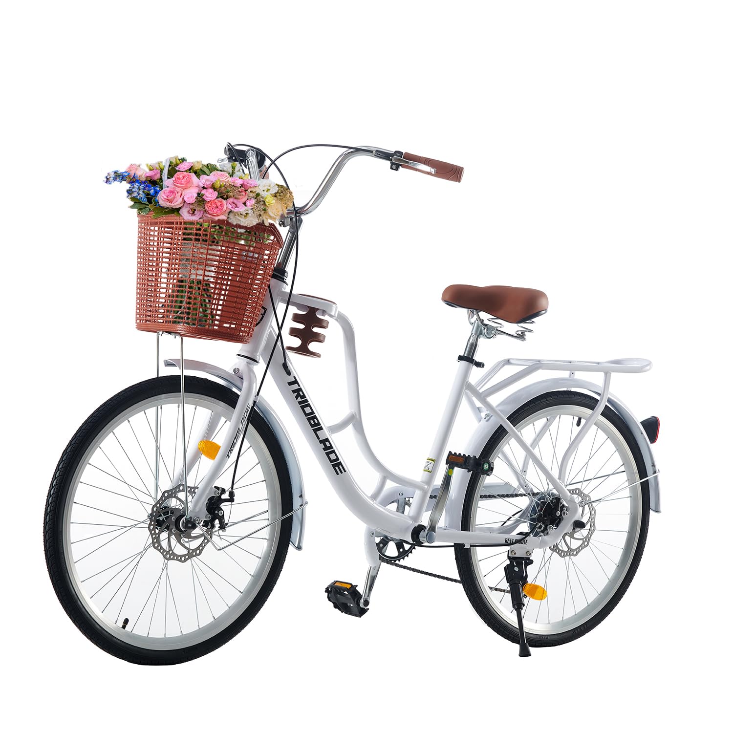 LSLIFE 24 Inch Vintage Ladies Bike with Basket 7 Speed, Lightweight City Bicycle Retro Bicycle Rear Rack Adjustable Handlebar and Seat Disc Brake White Urban Bike for Women Girls (24 Inch)