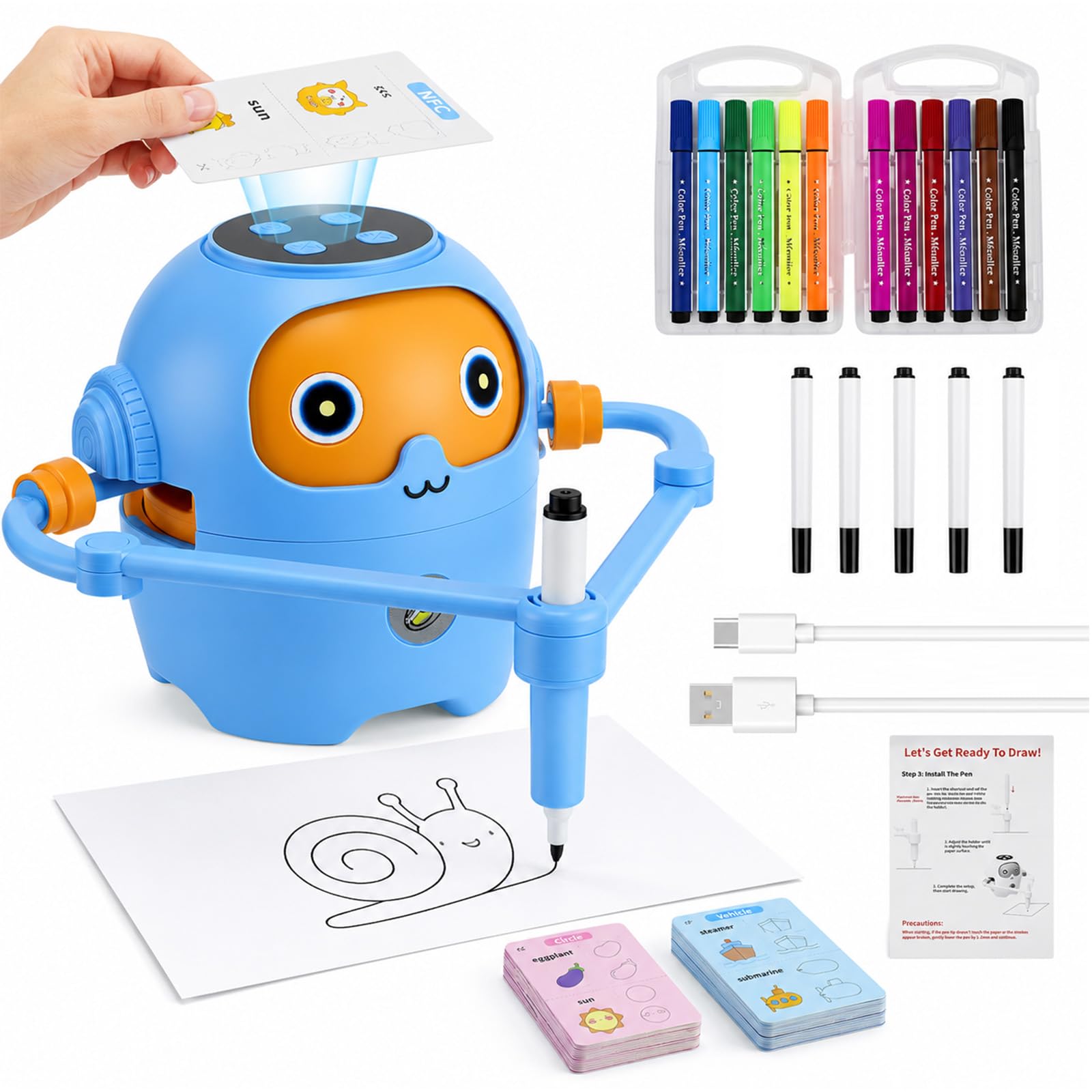 Robot de Dibujo para Niños con Guía de Voz, 25 NFC Tarjetas, 12 Rotuladores