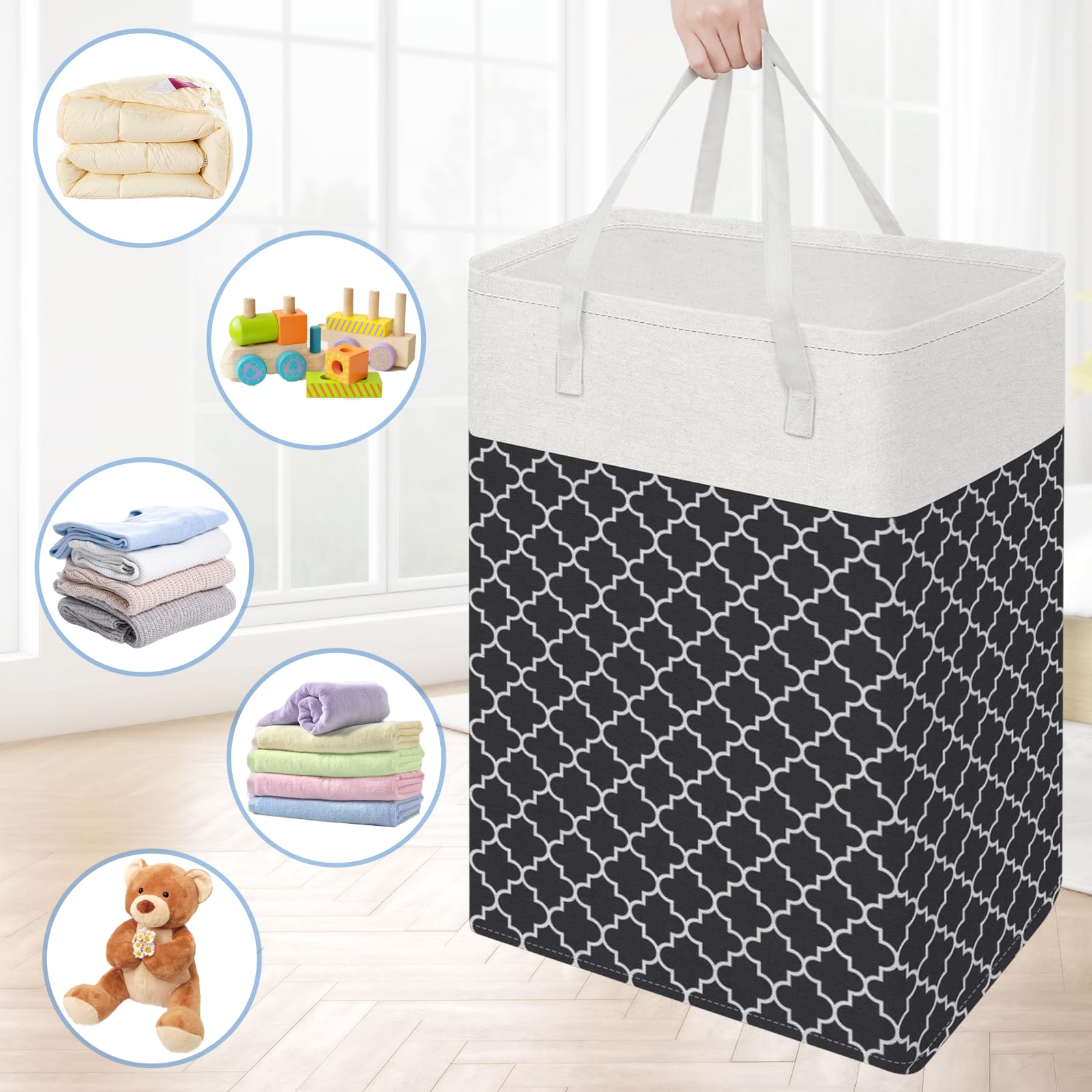 BlissTotes Cesto portabiancheria pieghevole, nero, 100 l, confezione da 3 | Cesto portabiancheria per camera da letto, cesto autoportante con manici, cesto portabiancheria