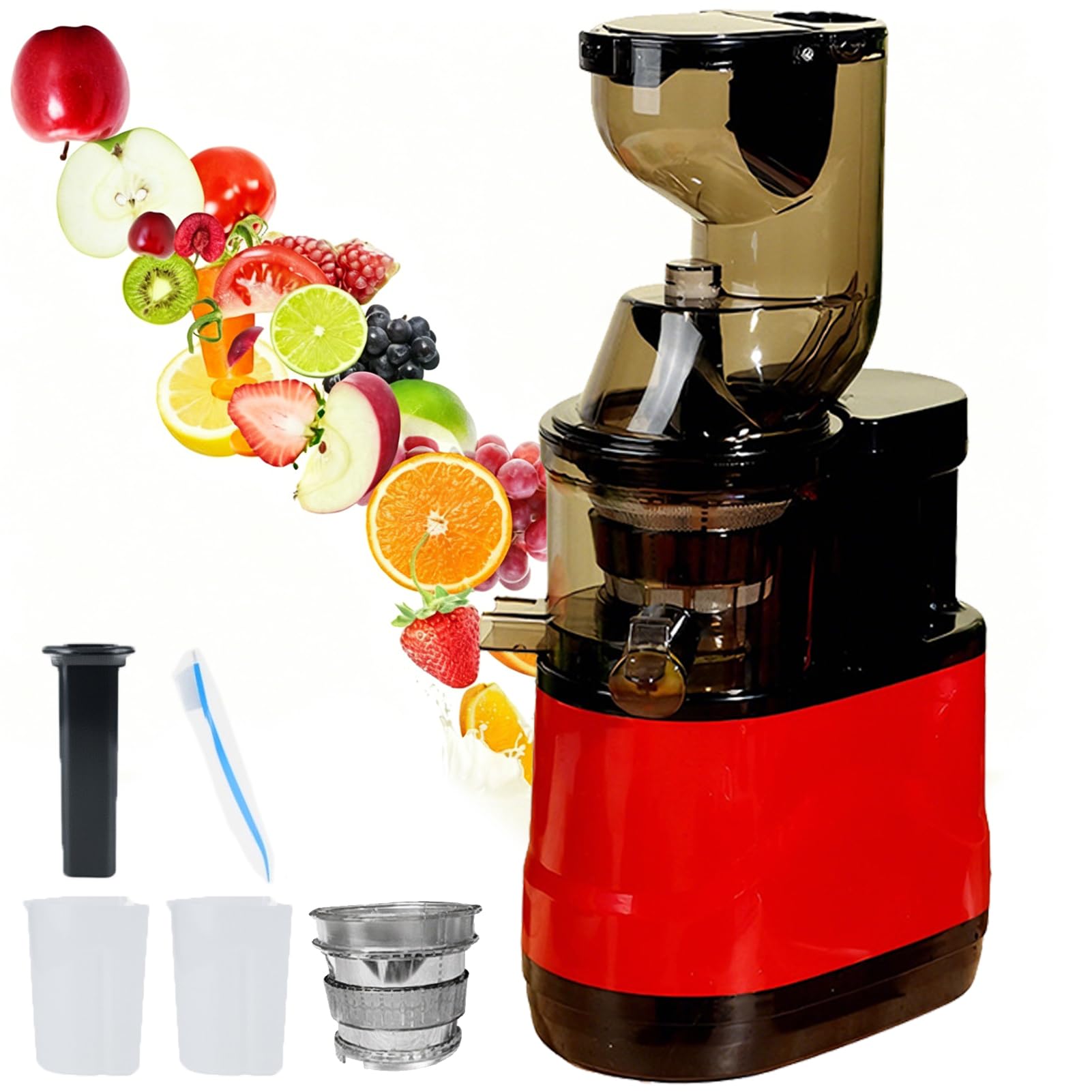 FHRKA 300W Cold Press Juicer, Electric Citrus Juicer with 80mm Feed Chute & Pulp Separation Technology, 98.5% High-purity Juice Yield (Red)