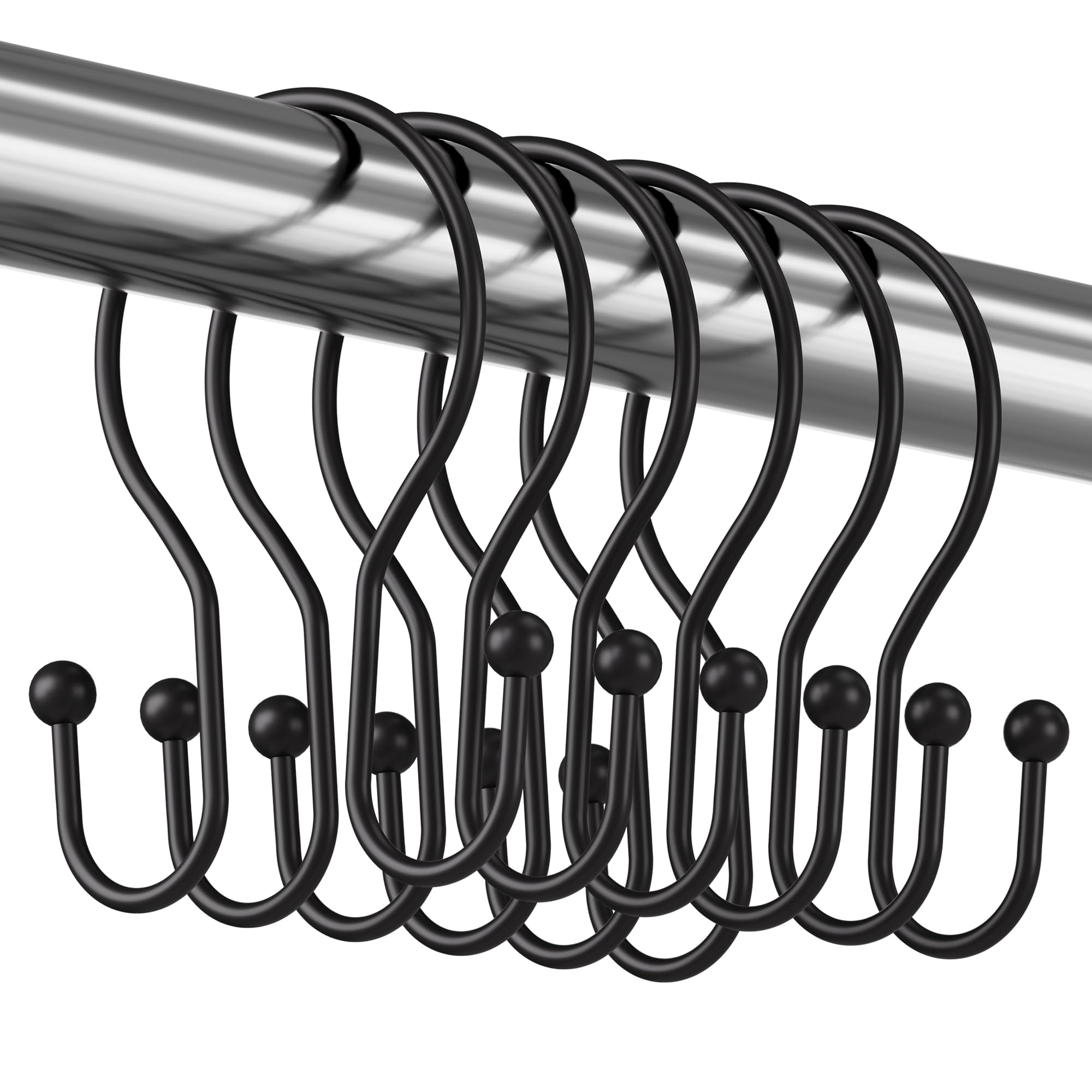 Titanker Shower Curtain Hooks Rings, Rust Resistant Metal Minimalist Simple Double Glide Shower Hooks for Bathroom Shower Rods Curtains, Set of 12 Hooks - Black