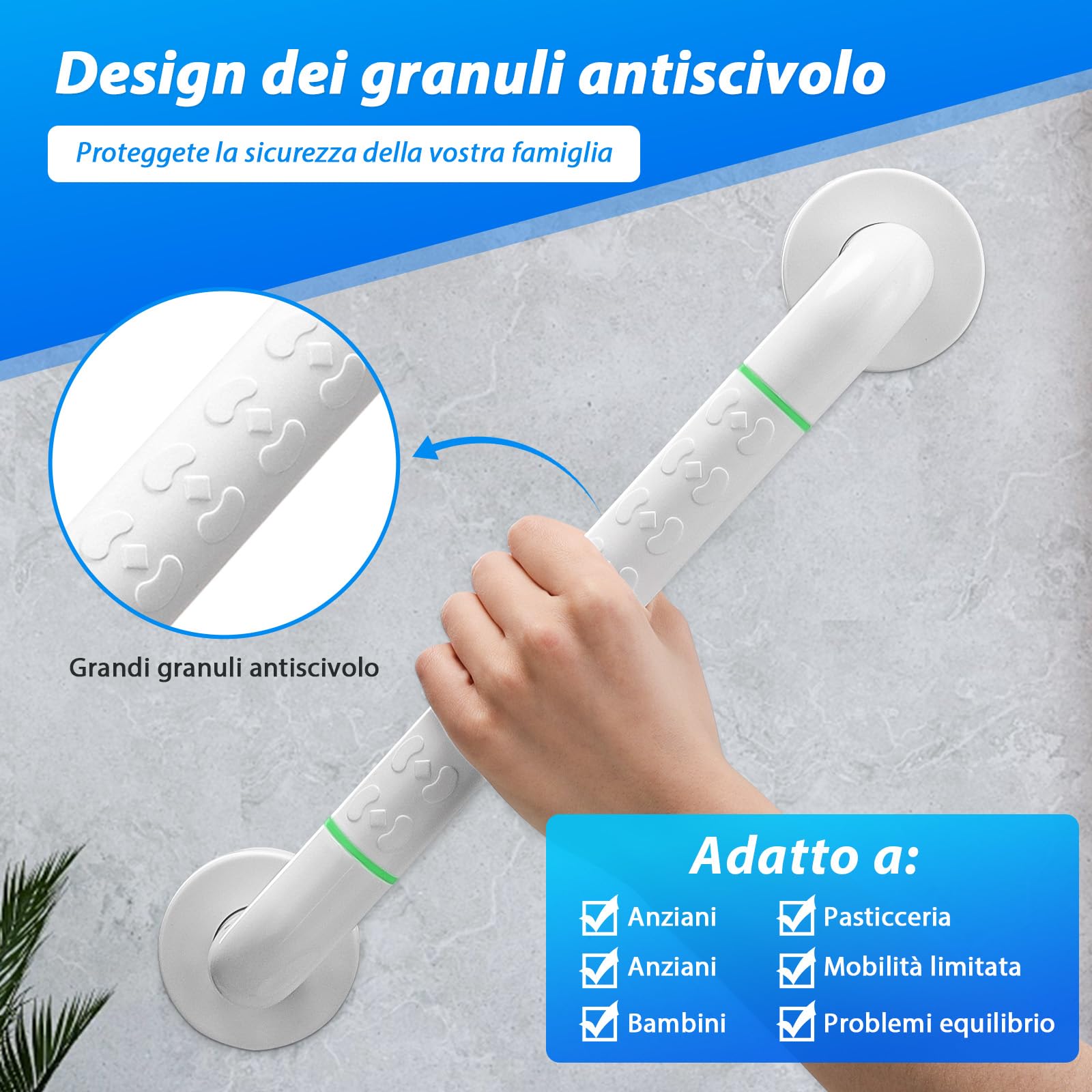 Fanwer 2 maniglioni per vasca con impugnatura antiscivolo e cerchi luminosi di sicurezza, maniglia da 40 cm in acciaio inossidabile per vasca, maniglia da parete per doccia con portasciugamani.