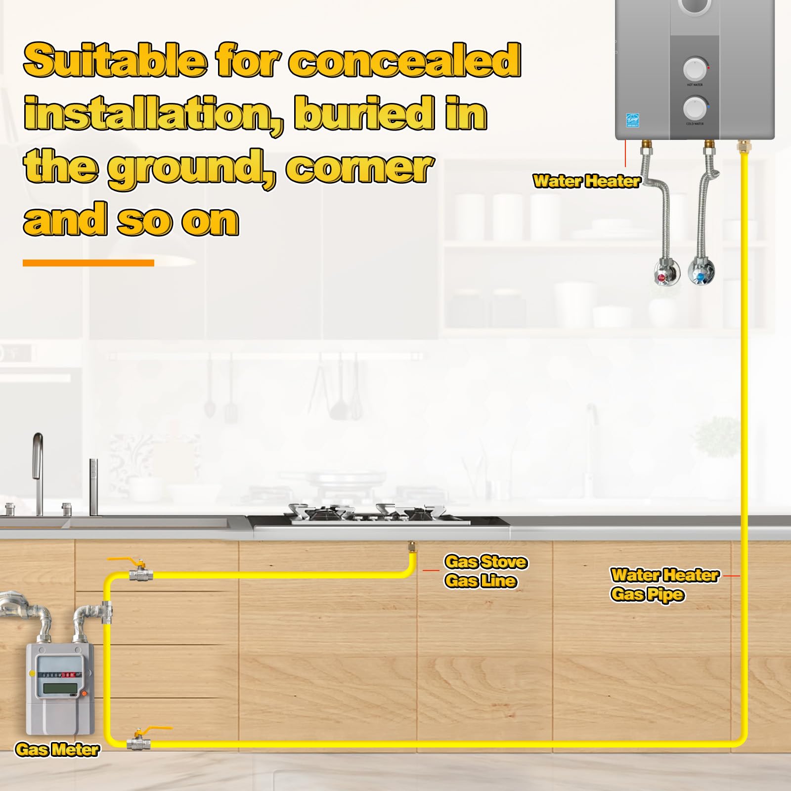Tubo de acero inoxidable corrugado CSST de 1/2 pulgada y 70 pies, kit de tubería con 2 accesorios macho, antigrietas, utilizado para calentadores de construcción, equipos de propano NG (70