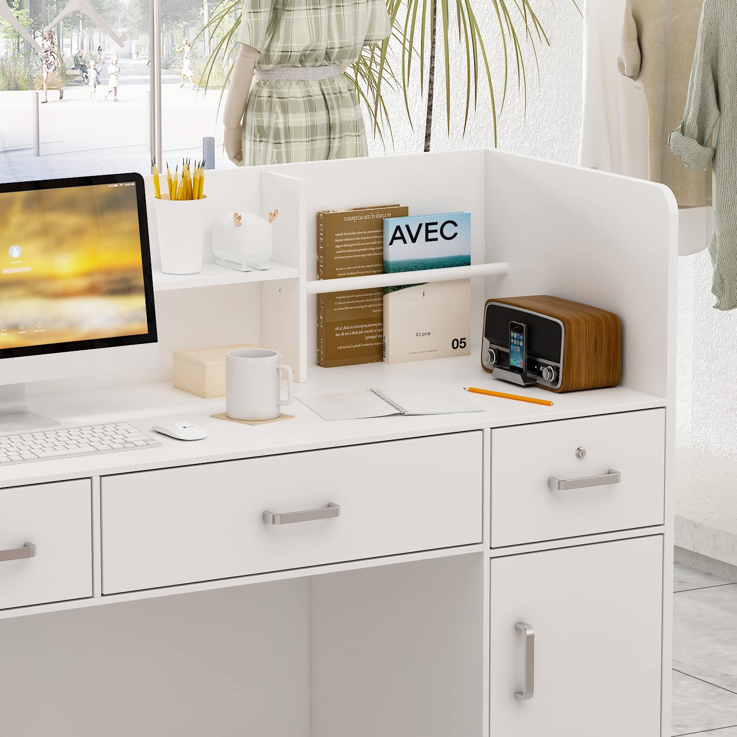 Caldion Mostrador de Recepción para Caja y Venta al por Menor, Mesa de Mostrador con Gran Espacio de Almacenaje, Cintas Plateadas, para Oficina Boutique SPA Blanco