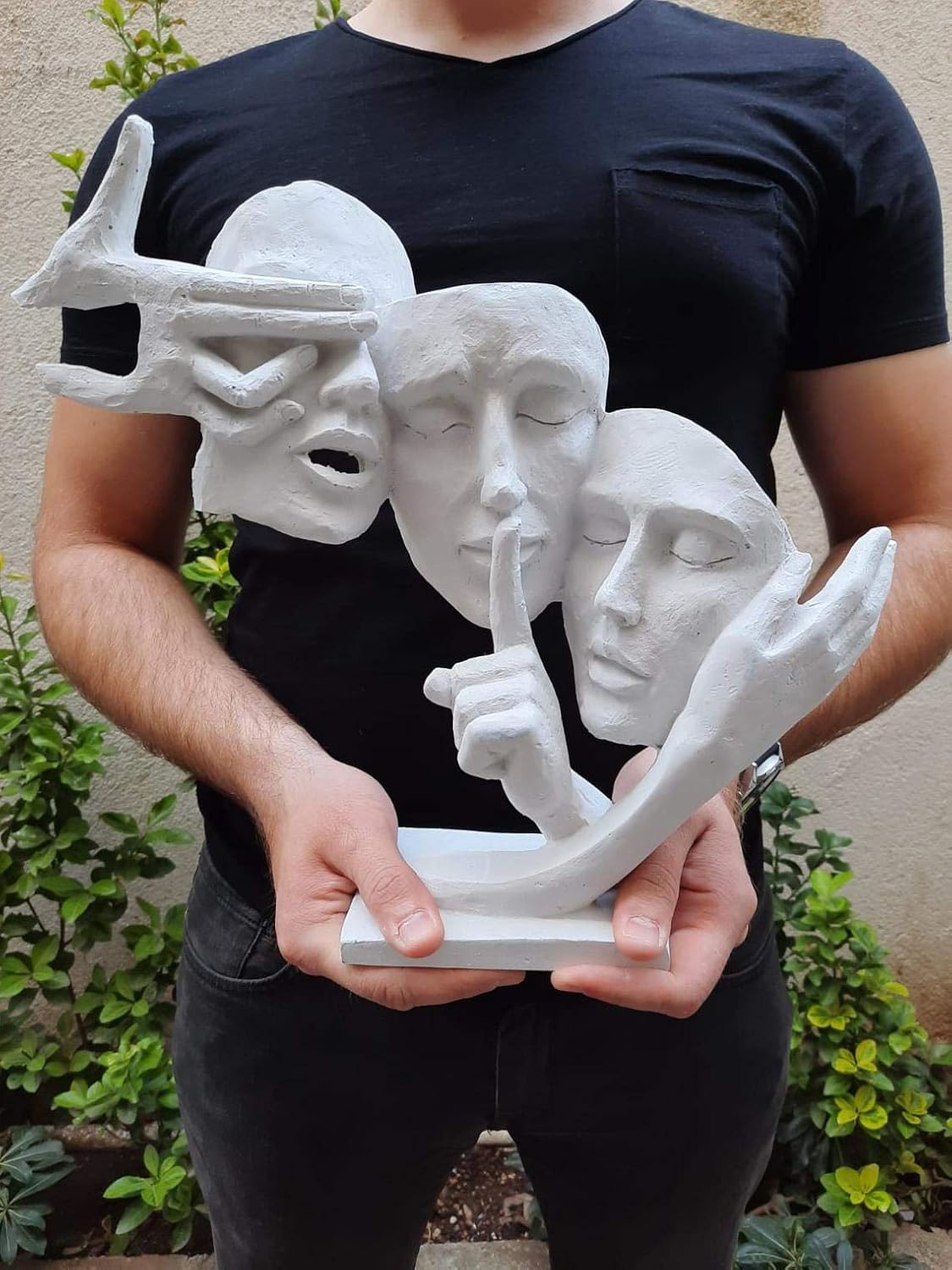 Sculpture, I Did Not See Triple Mask, Polyester Sculpture, Home Decor, Bust, Art, Decor (Silver)