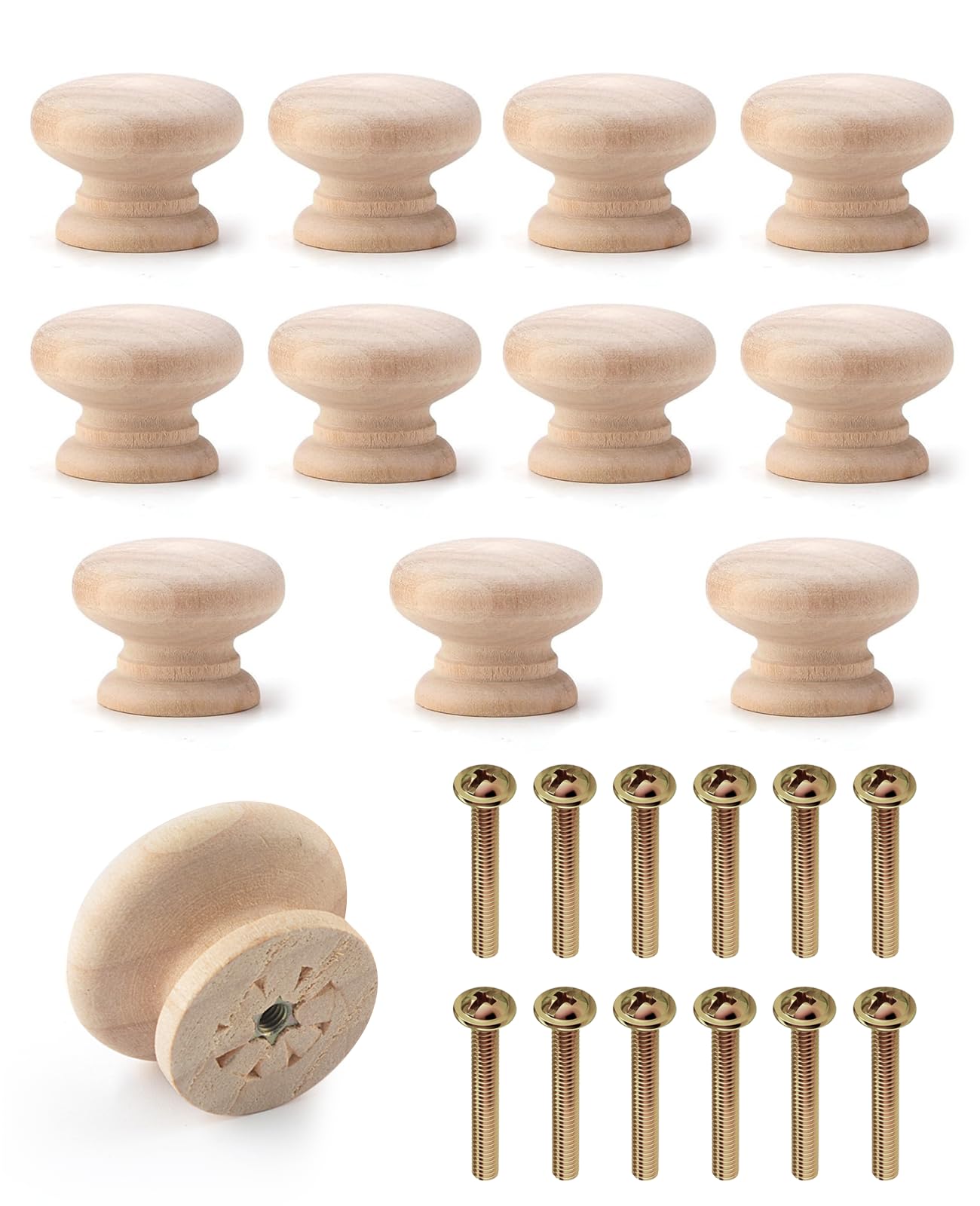 Rudfovn 12 Pcs Drawer Door Knobs, 3.4x2.5cm Wooden Door Knob for Handles Kitchen Cupboard Wardrobe