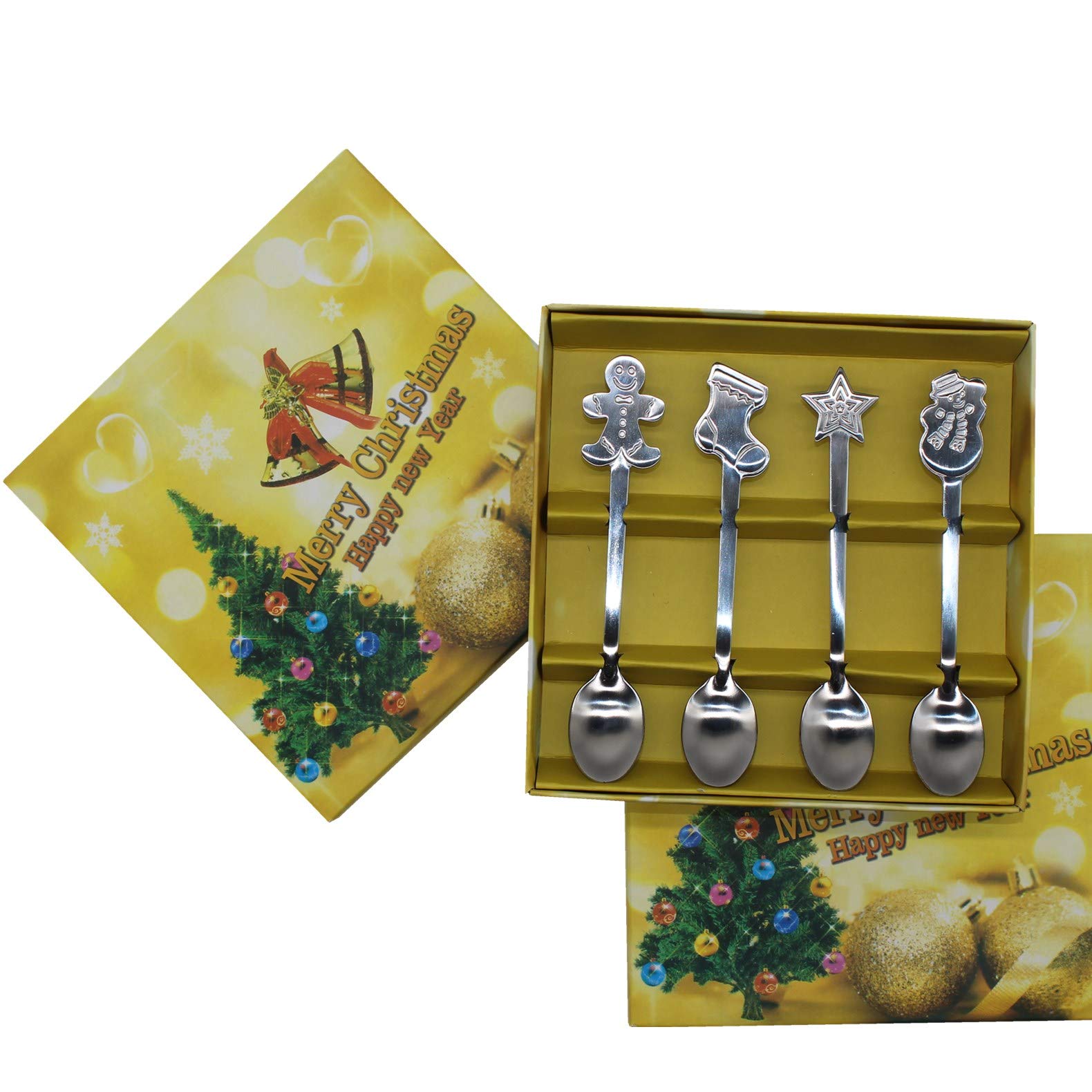 Lunaanda Weihnachtslöffel Set, 4 Stück Weihnachten Kaffeelöffel Edelstahl Teelöffel Dessertlöffel Rührlöffel Weihnachtsgeschirr Set Mit Geschenkbox Für Weihnachtsdekoration, Party Und Küchen (Gold