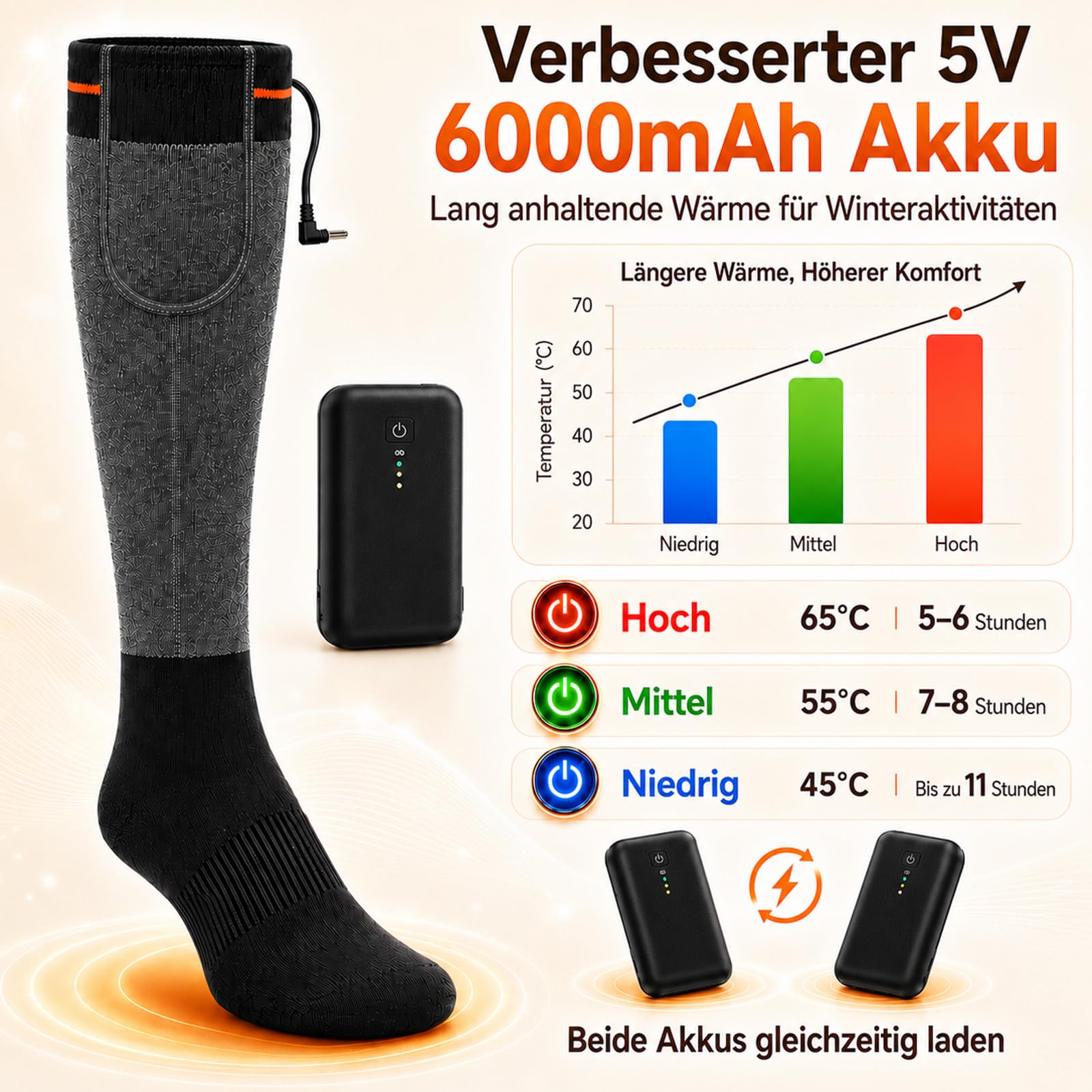 Chaussettes chauffantes rechargeables pour homme et femme - Batterie 5 V 6000 mAh - Chaussettes chauffantes électriques avec 3 niveaux de chaleur - Zone complète des pieds - Chaussettes thermiques