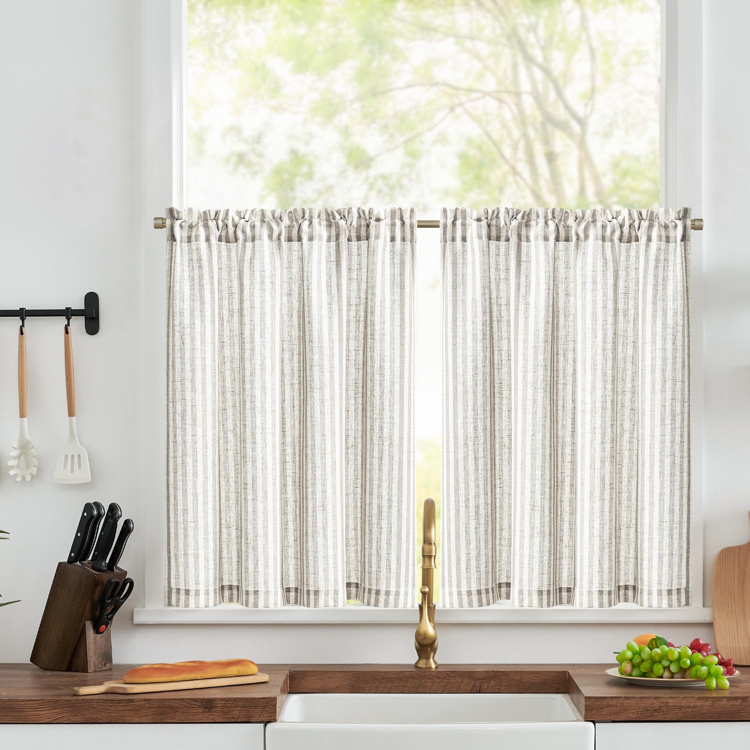 TOPICK Kitchen Curtains 24 Inch Drop, Light Filtering Privacy Half Window Curtains, Rod Pocket Grey Striped Kitchen Cafe 2 Panels, Short Tiers for Bedroom, Living Room, Cupboard Base, W36 x L24