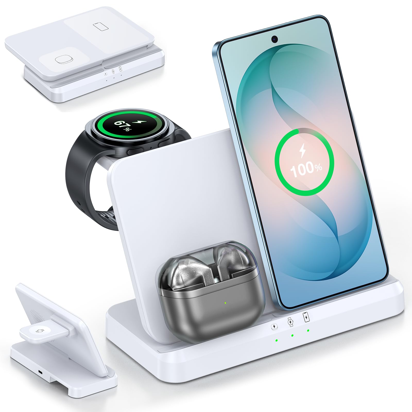 EGV Induktive Ladestation für Samsung – 3-in-1 Wireless Charger kompatibel mit Galaxy S26 Ultra/S25/S24, Z Fold/Flip 7/6, Buds, Abnehmbares Ladegerät für Galaxy Watch Ultra/8/7, Kein Adapter | Induktive Ladestation, Kompatibel mit Buds, Abnehmbares Ladegerät für Galaxy Watch Ultra/8/7, Z Fold/Flip 7/6