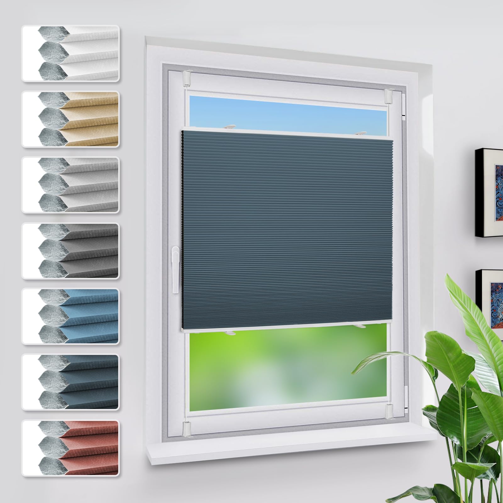 Grandekor Verdunklungsplissee Wabenplissee ohne Bohren Weiß-Blau 70x120cm (BxH) Klemmfix Plissee ohne Bohren Verdunkelung Thermo Rollo Wärmedämmung, Privatsphäre - & Sonnenschutz