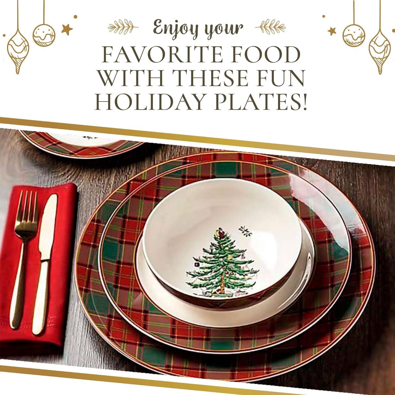 Spode Christmas Tree Tartan Dinner Plate (Set of 4) - 10.5" Festive Holiday Tableware, Colorful Christmas Dishes Tartan Plaid Border, Fine Earthenware, Microwave & Dishwasher Safe Decorative Plate