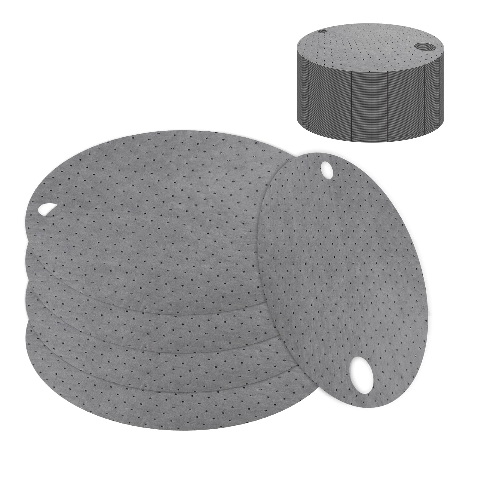 Lot de 25 lingettes absorbantes d'huile - Tapis de récupération d'huile pour couvercle de tonneau - Diamètre : 21,65 pouces - Avec trous de bouchon (diamètre 1,57 pouces et 2,75 pouces)