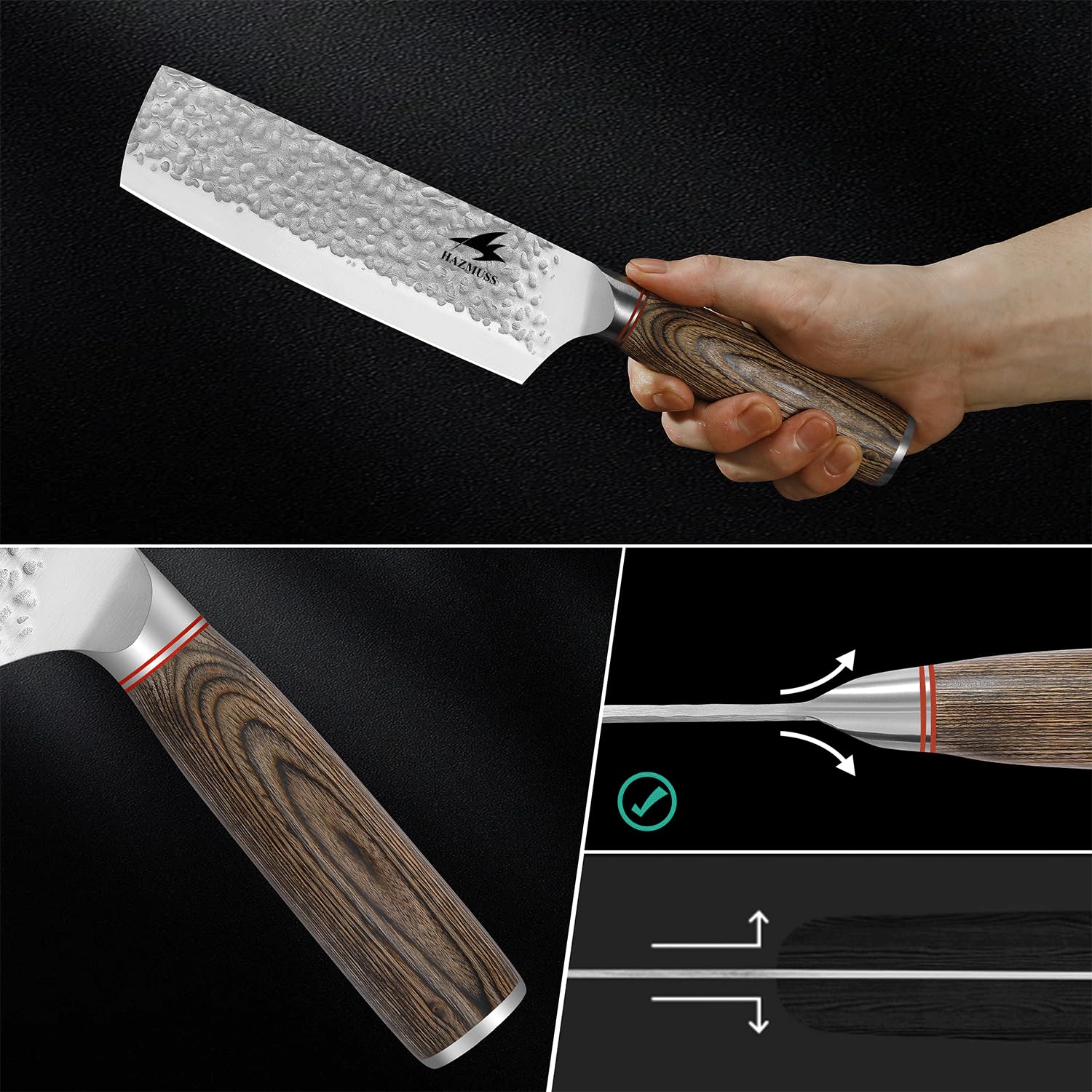 16,2 cm Japanisches Gehämmertes Nakiri-Messer aus Kohlenstoffreichem Edelstahl mit Bequemem Griff aus Pakkaholz für Haushalt und Küche