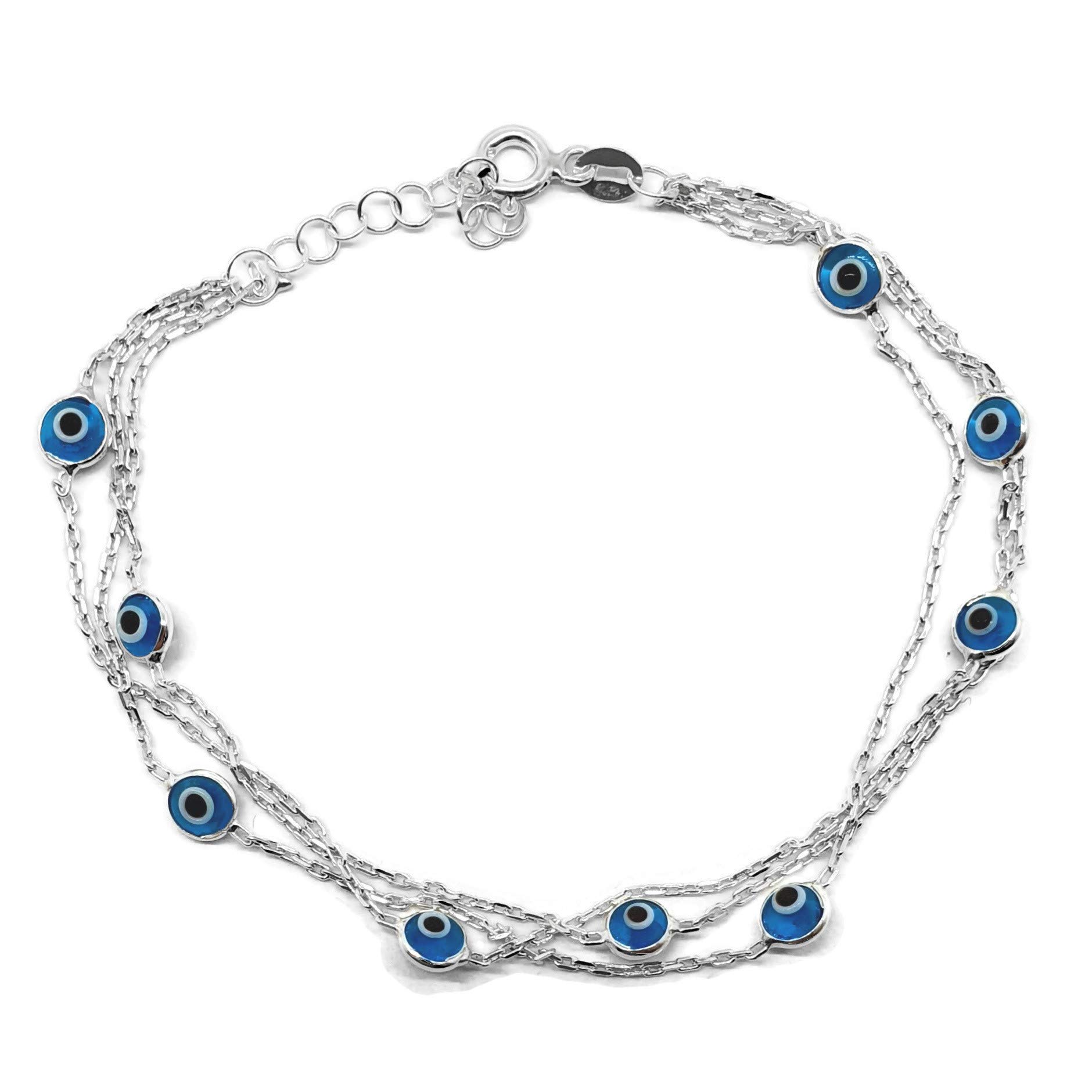 MYSTIC JEWELS by Dalia - 19 cm Silver Evil Eye Bracelet on Triple Chain with Little Eyes - for Good Luck, Crystal,