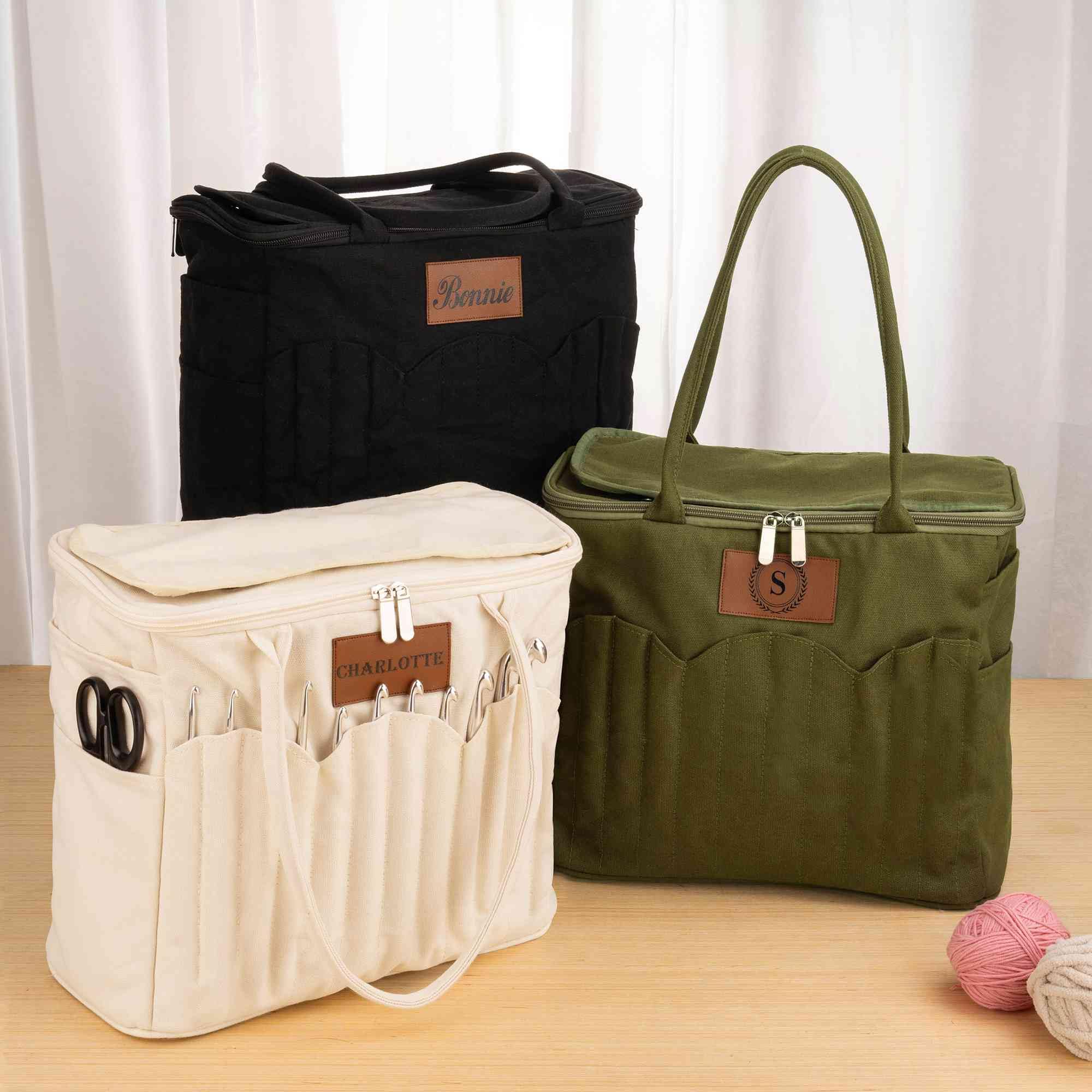 Bolsa de almacenamiento personalizada para tejer para mujer, bolsa de hilo de lona grande, organizador de ganchillo, bolsa de viaje portátil con bolsillos para agujas, estuche de ganchillo, regalo de
