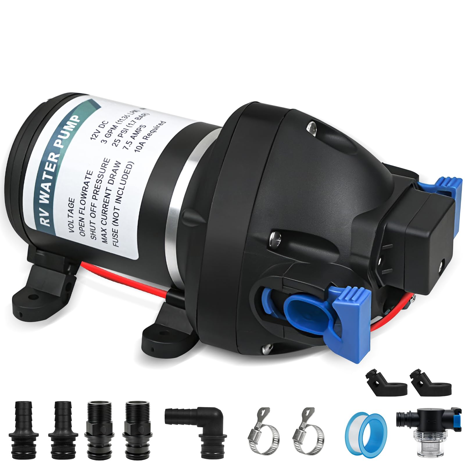 Reeplar Black 12V Dc Water Pump – 3 Gpm (11.36 L/Min), Up To 25 Psi Pressure – Self-Priming Diaphragm Pump With Heavy Duty Pressure Switch And Strainer, Ideal For Rv, Marine, Campervan, Agricultural & Garden Use