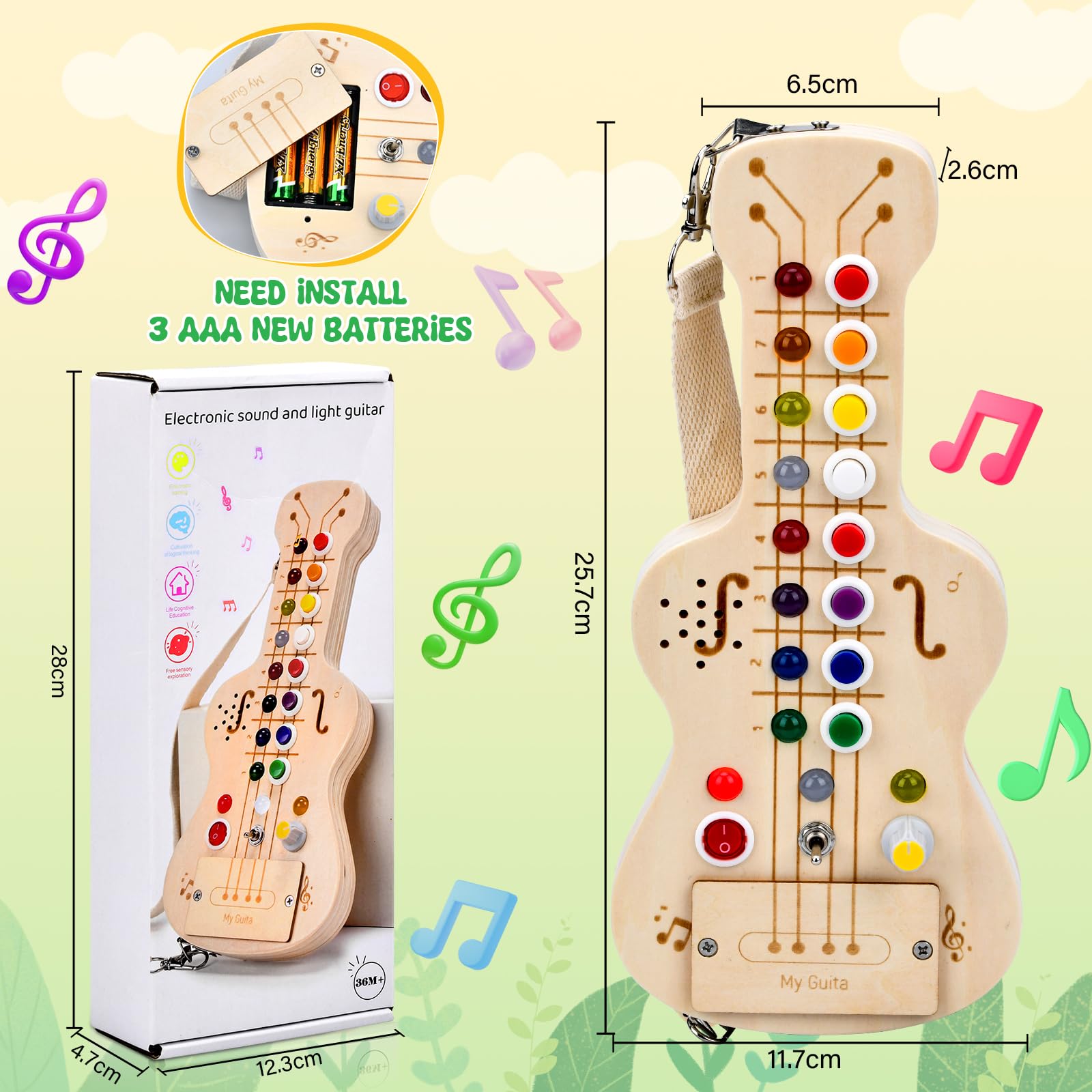 Busy Board Montessori Guitare Jouet Enfant avec Lumières LED et Boutons de Note Jouet en Bois Sensoriel pour 1-5 Ans