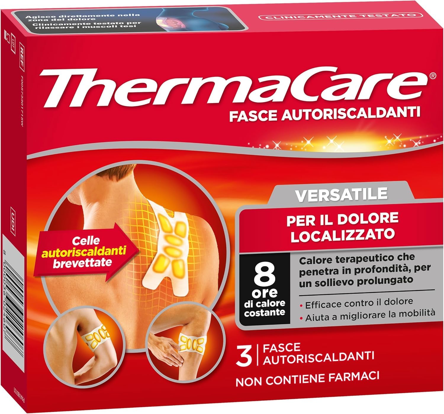 ThermaCare Versatile Fasce Autoriscaldanti a Calore Terapeutico per Dolore Localizzato, 8 Ore Calore Costante, 3 Fasce Monouso