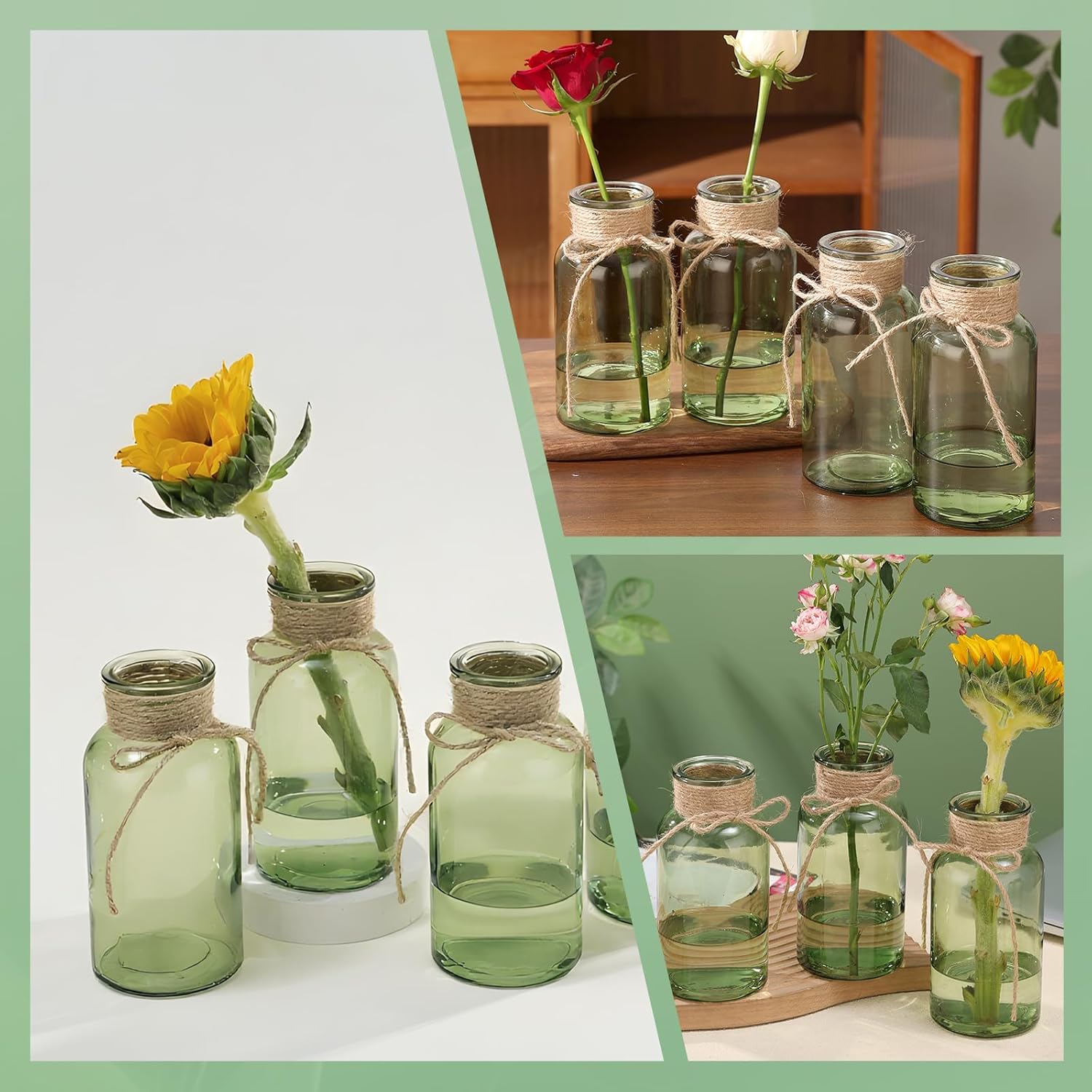 Glass Flower Vases for Centerpieces Boho Cylinder Bud Vases in Bulk Mason Jars for Weddings, Parties & Vintage Home Decor St. Patrick's Day (6, Green) - Image 3