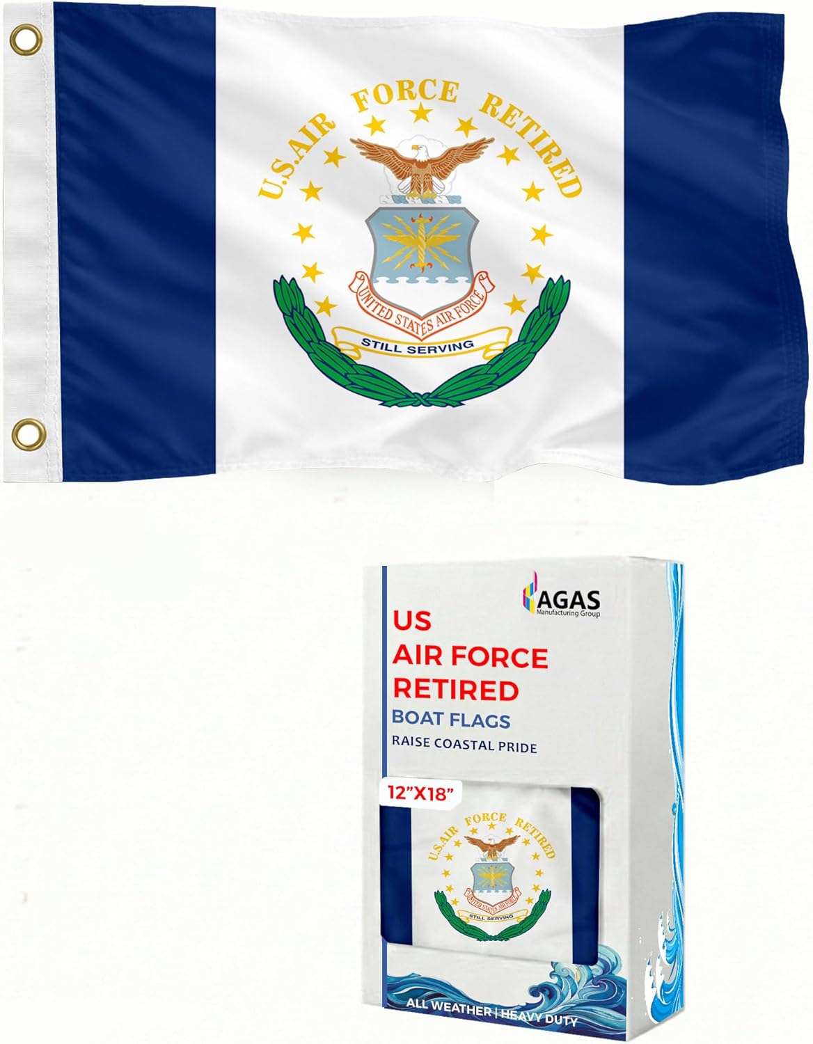 AGAS US United States Air Force Retired Military Flag 2x3 Ft - Printed 200 Denier Nylon - Double Stitched Edges Canvas Header Brass Grommets - Indoor/Outdoor USAF Retired Garden Flag