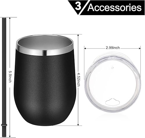 Miniatura 6 de Vaso de vino VEGOND de 12 oz hecho de acero inoxidable, térmico con tapa y pajita, vaso de vino con aislamiento al vacío y doble pared, sin tallo,