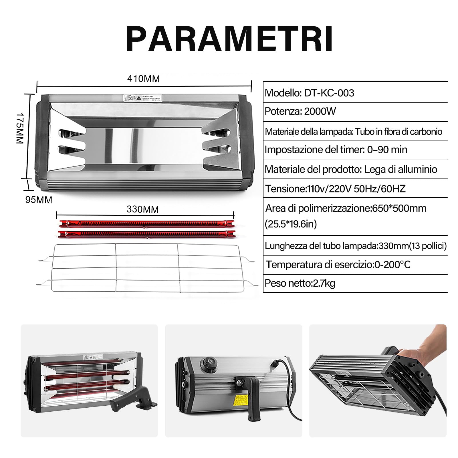 DATOUBOSS Lampada Infrarossi per Carrozzeria 2000W,Lampada per Asciugatura Vernice, Lampada Asciugatura carrozzeria con Timer 0–90 per Riparazione Carrozzeria Auto e Lavori di Verniciatura (650×500m)