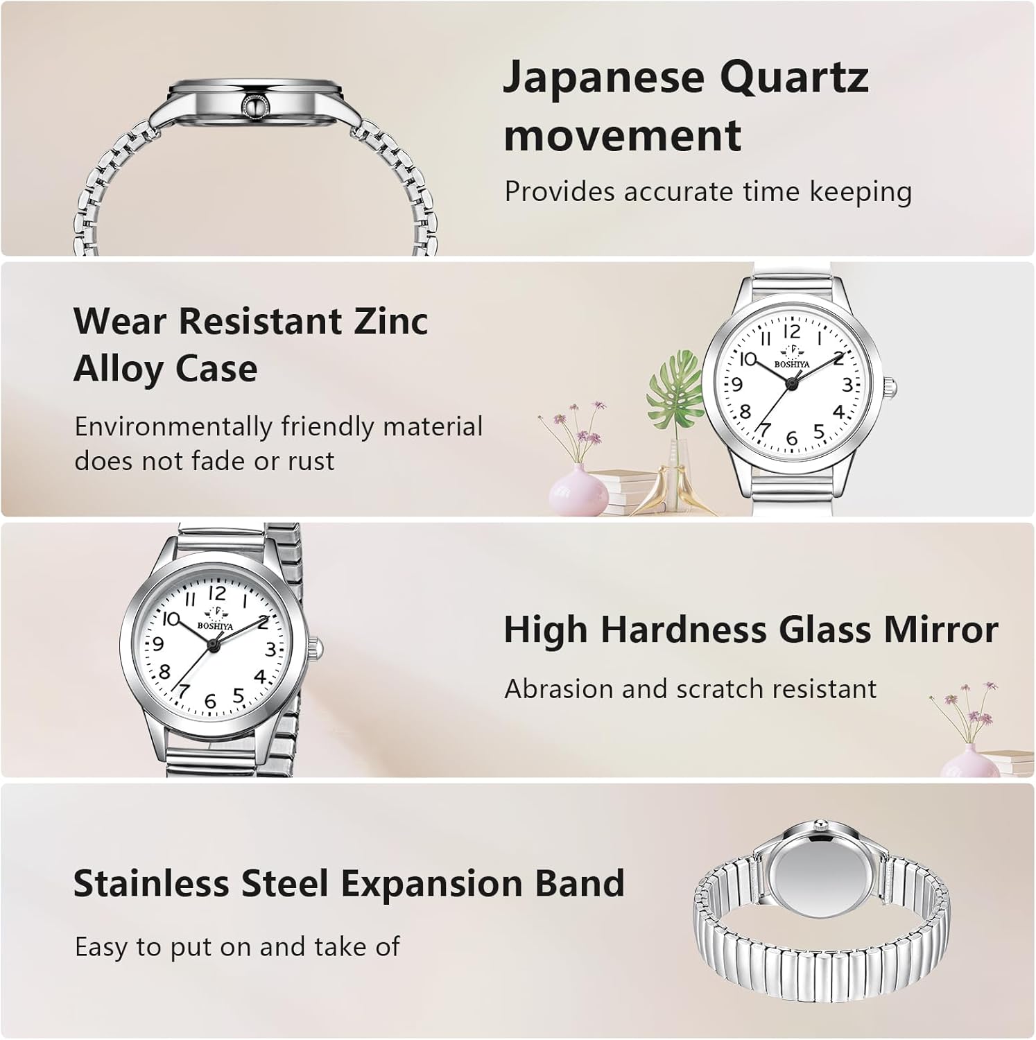 BOSHIYA Women's Stretch Band Watch Easy Reader 30mm Analog Quartz with Stainless Steel Elastic Strap Waterproof Ladies Wristwatch Gold/Silver - Image 3