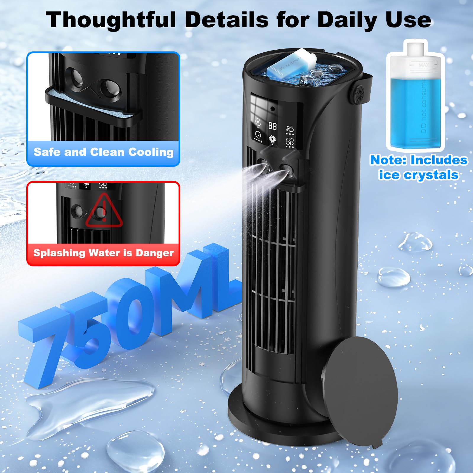 Climatiseur Mobile 4 en 1 Silencieux 28dB, Rafraîchisseur d’Air Mode Tempête, Oscillation 120°, 4 Vitesses Vent Naturel 3D Sommeil, 2 Brumisations, Minuterie 8H pour Chambre Bureau（Noir）