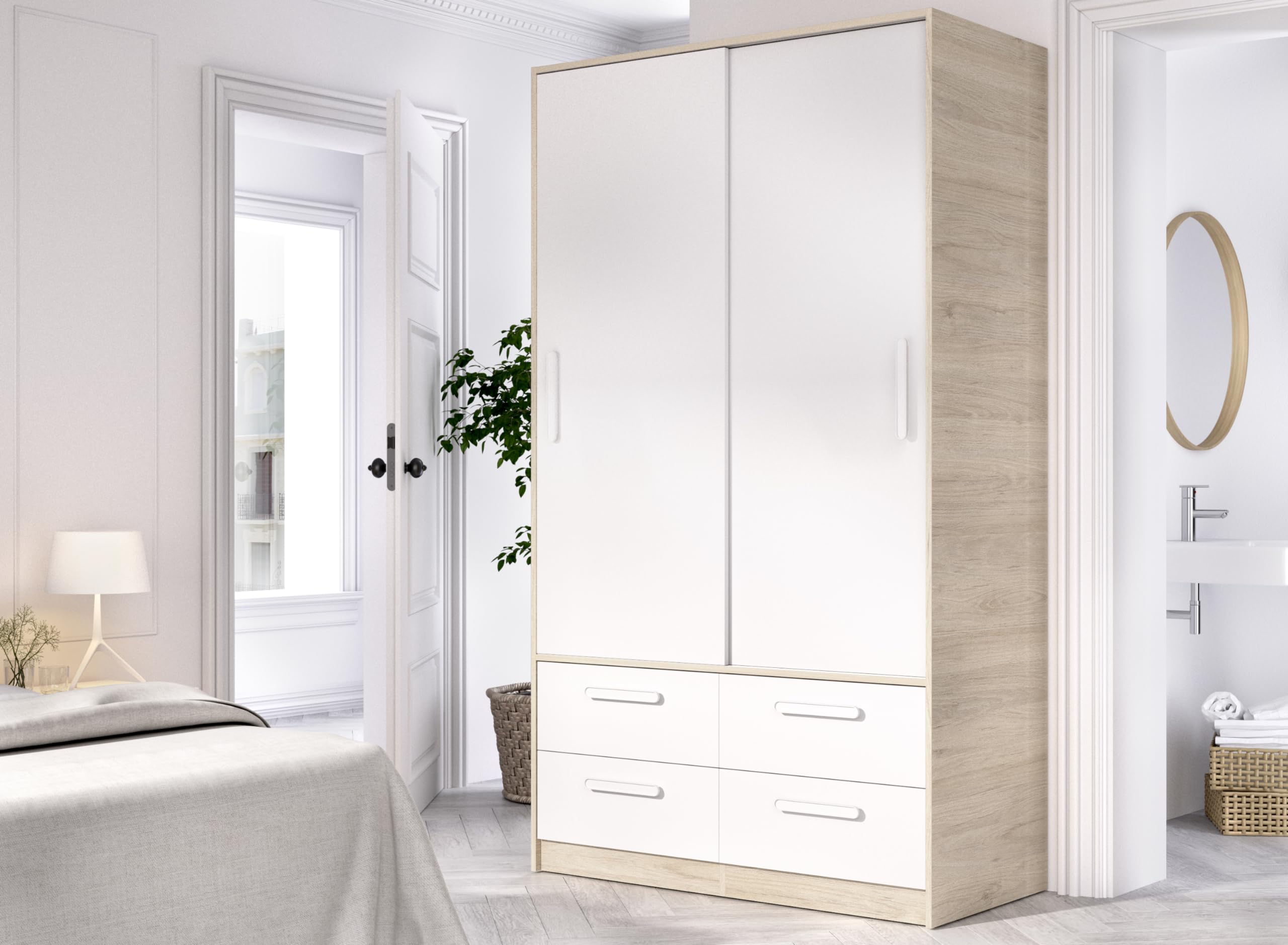 DEKIT GRUPO RIMOBEL SLIDE - Armario de dos puertas correderas y cuatro cajones - BLANCO / NATURAL - 204 x 120 x 160