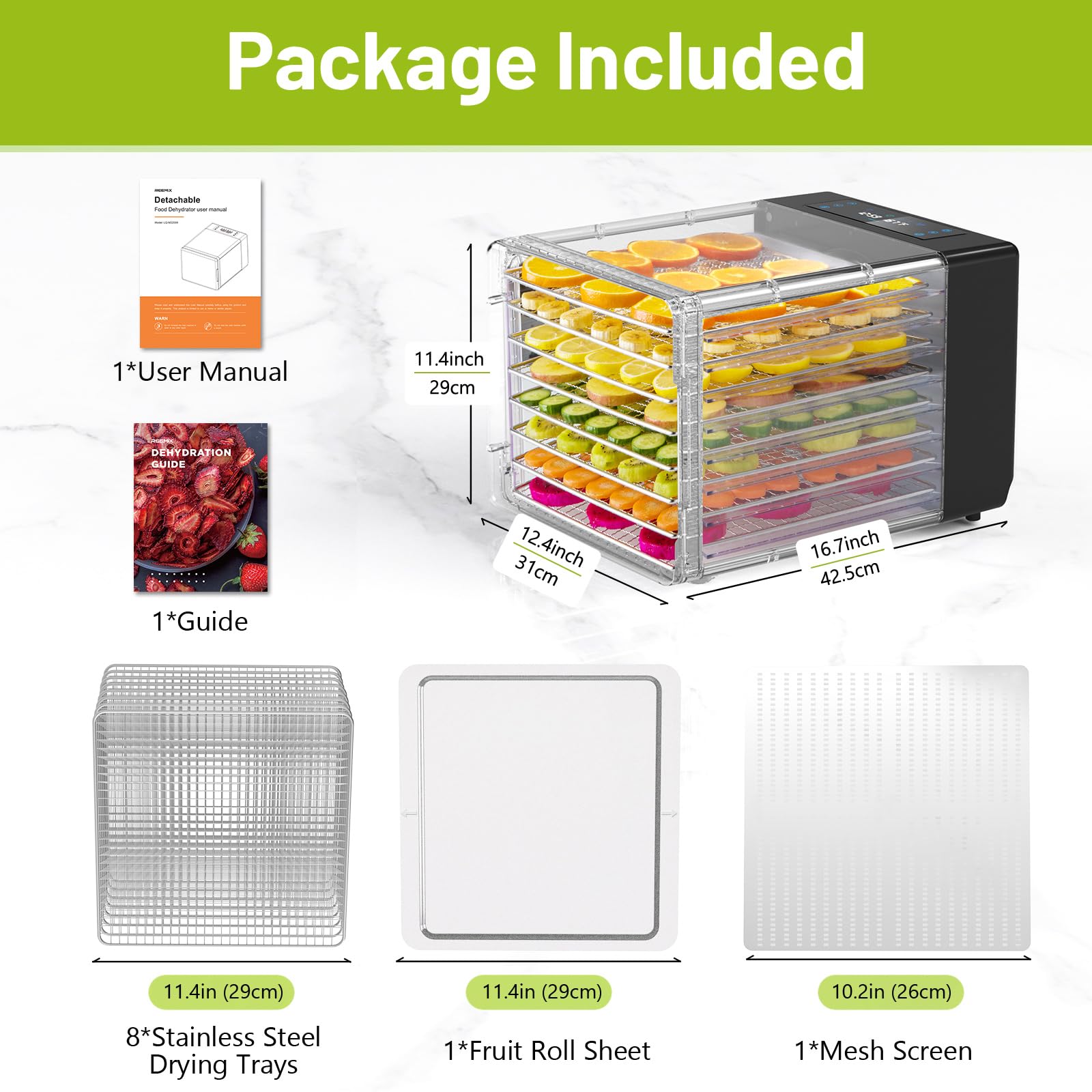 Reemix 8 Plateaux Déshydrateur Alimentaire en Acier Inoxydable, Contrôle tactile LED, avec Température Réglable 30 à 75°C et Minuterie Numérique (0-48h), Livre de Recettes Inclus